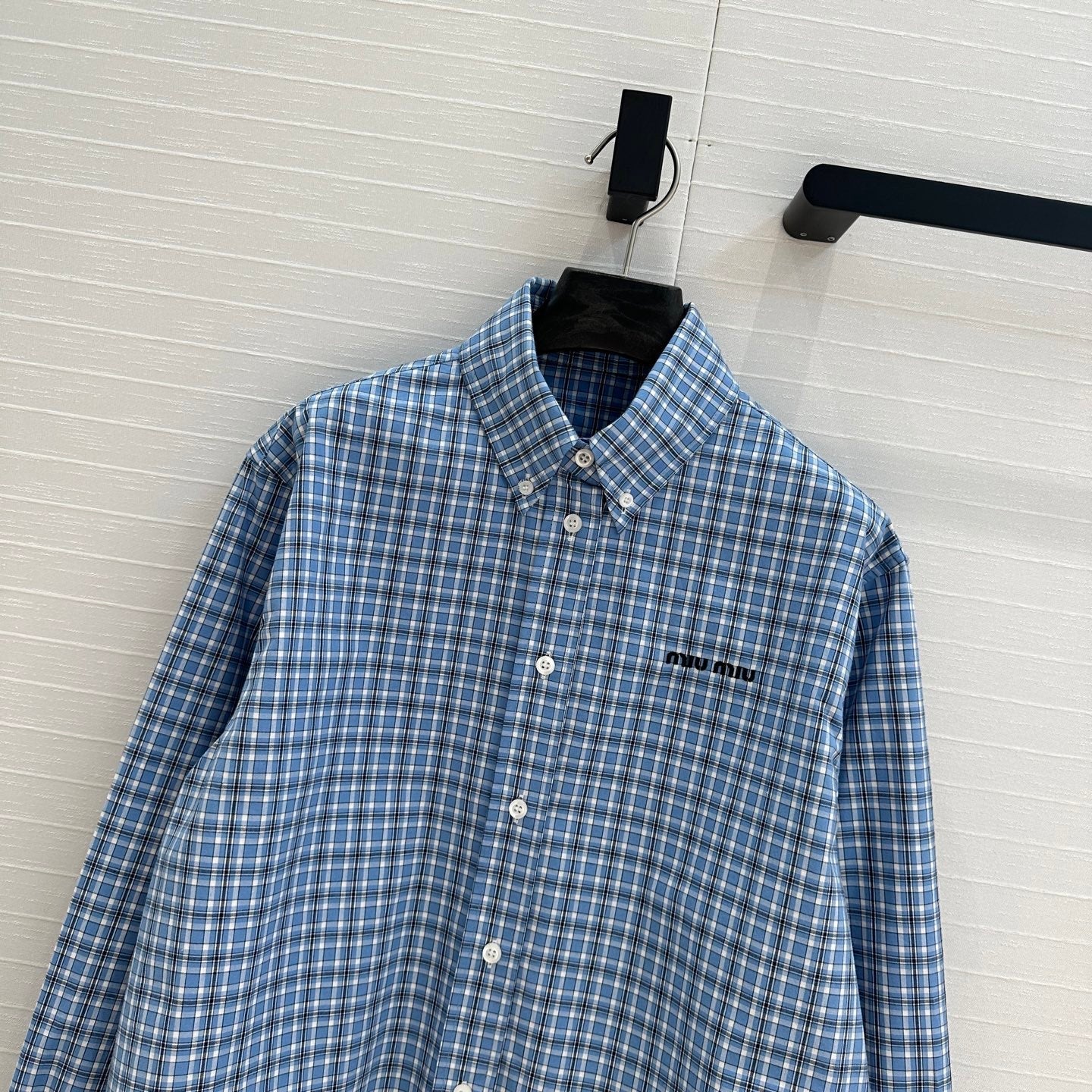 Miu Miu Plaid Short Shirt Blue Cotton