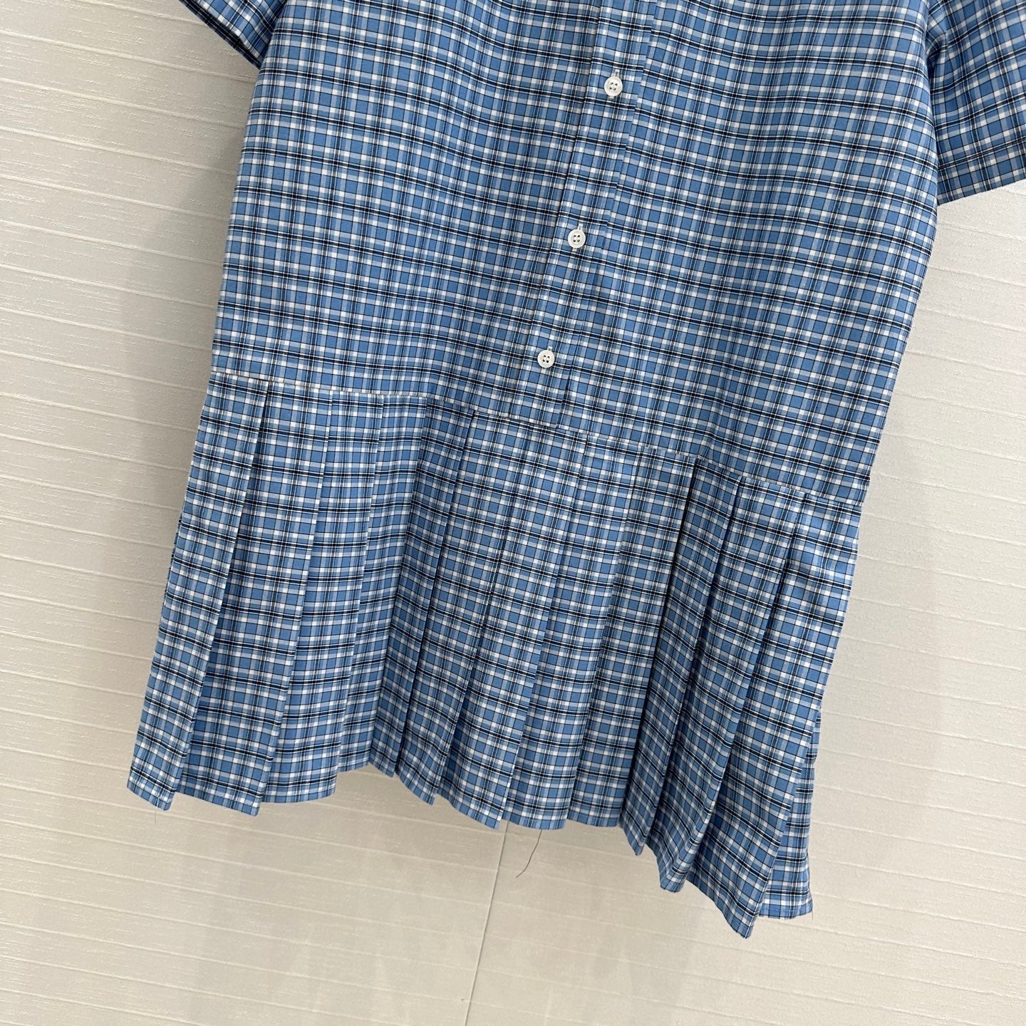 Miu Miu Plaid Pleated Shirt Dress Blue Cotton