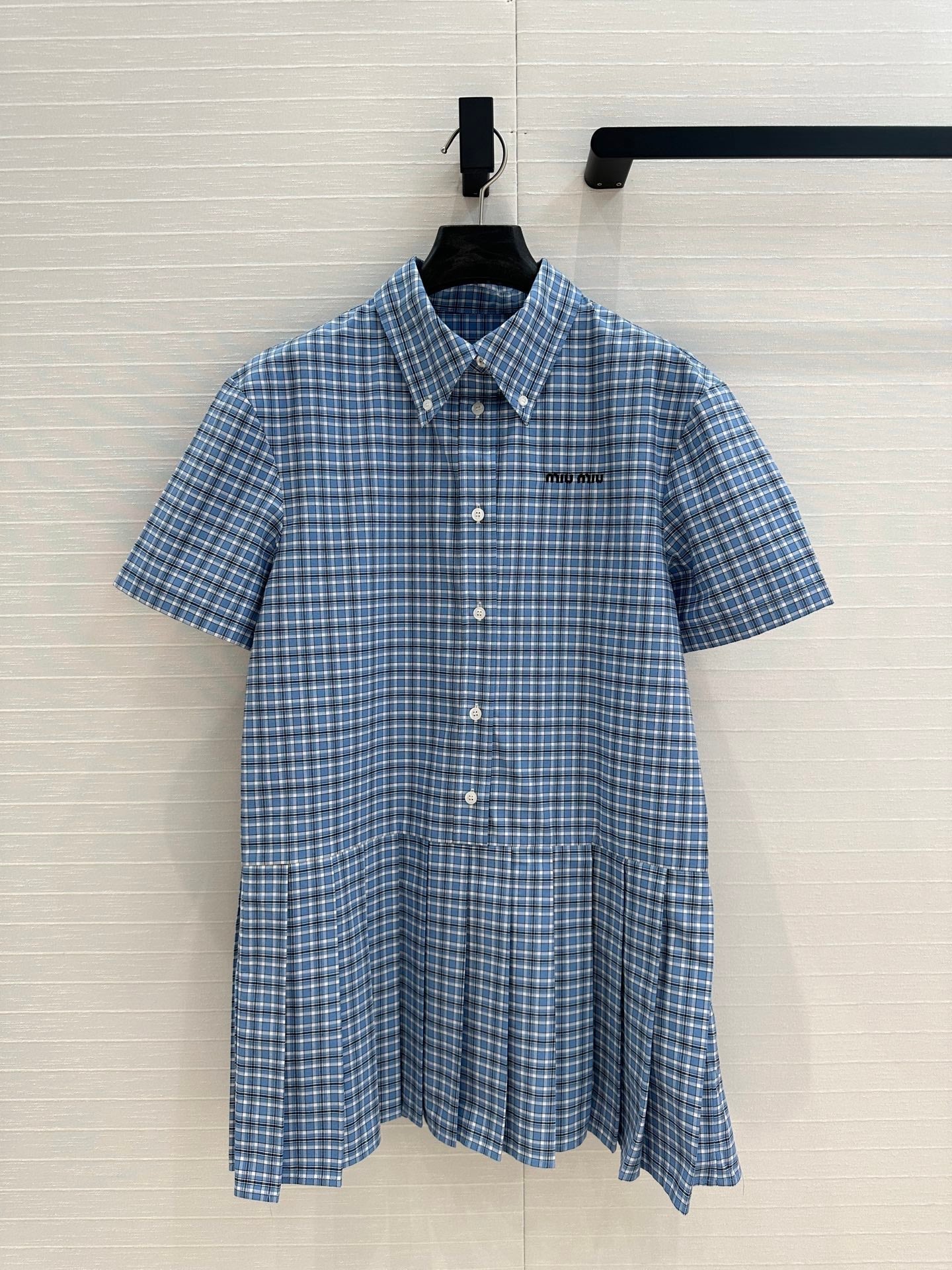 Miu Miu Plaid Pleated Shirt Dress Blue Cotton