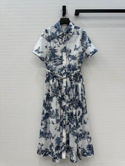 CD 25 Butterfly Coconut Print Shirt Dress White Blue Cotton