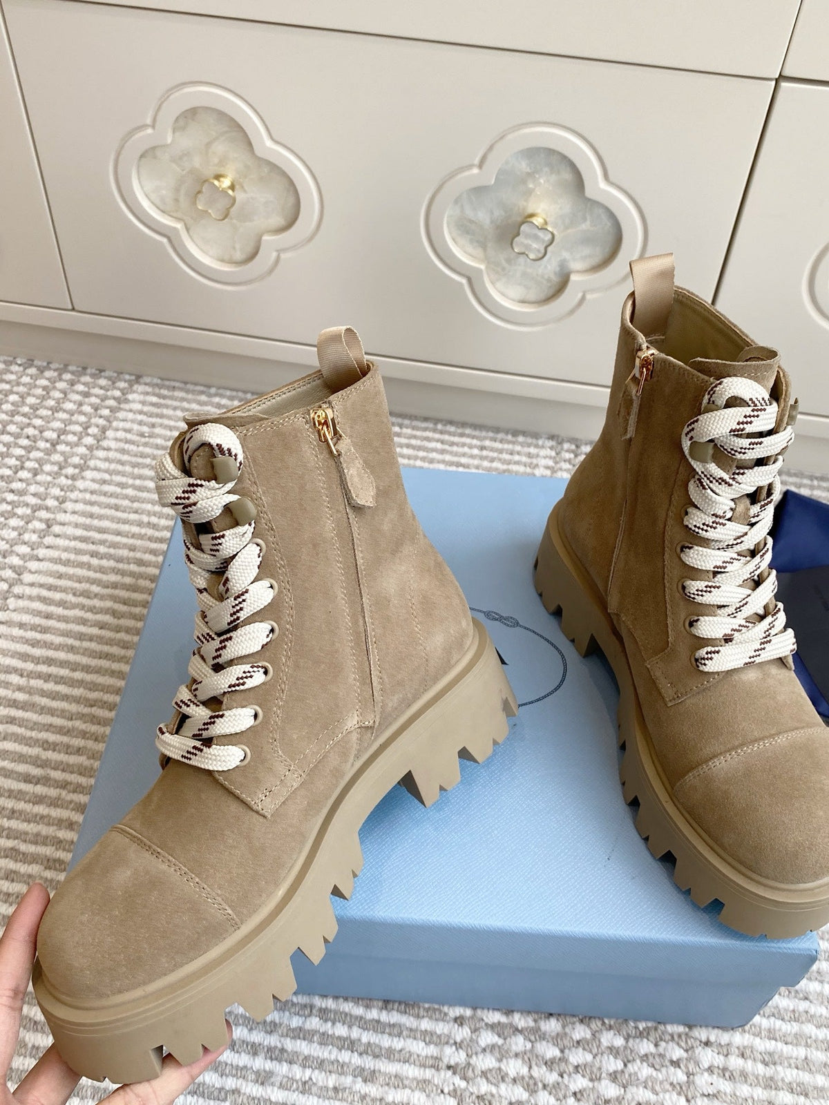 Prada 25 Martin Boot Beige Suede Cowhide 501439