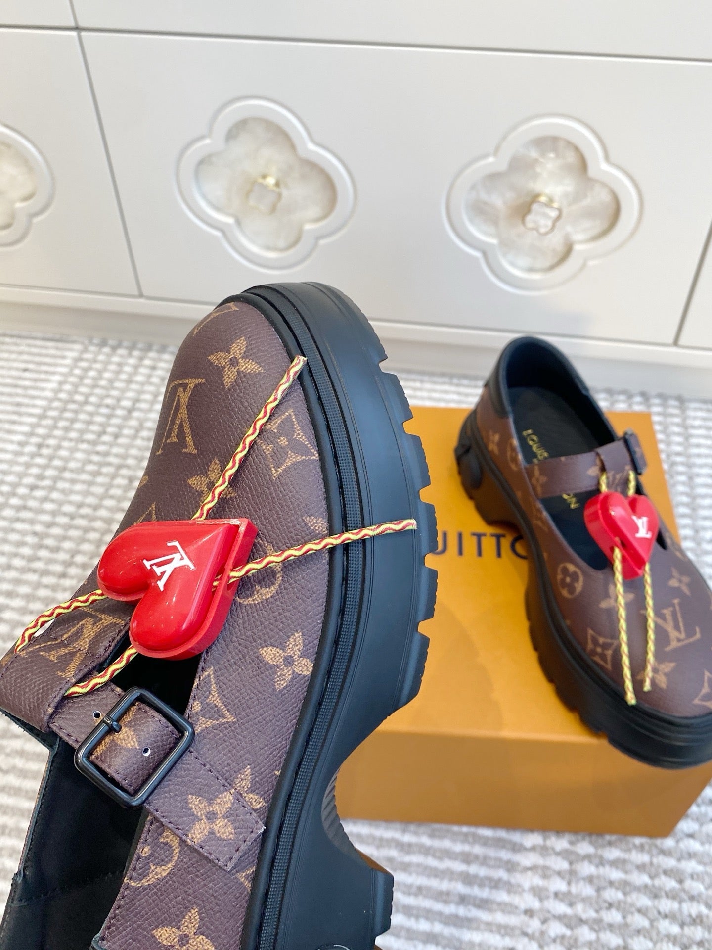 LV 2026 T-strap Loafer With Heart-shaped Brown Red Canvas Cowhide 595877