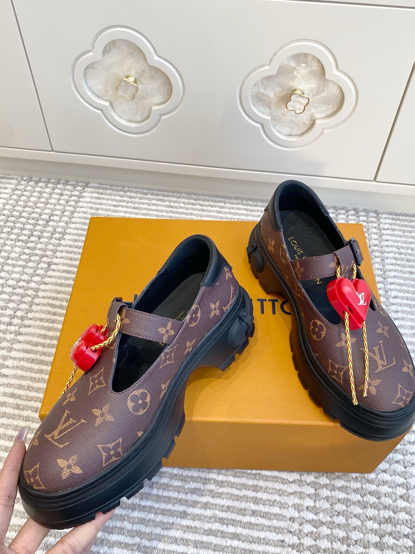 LV 2026 T-strap Loafer With Heart-shaped Brown Red Canvas Cowhide 595877
