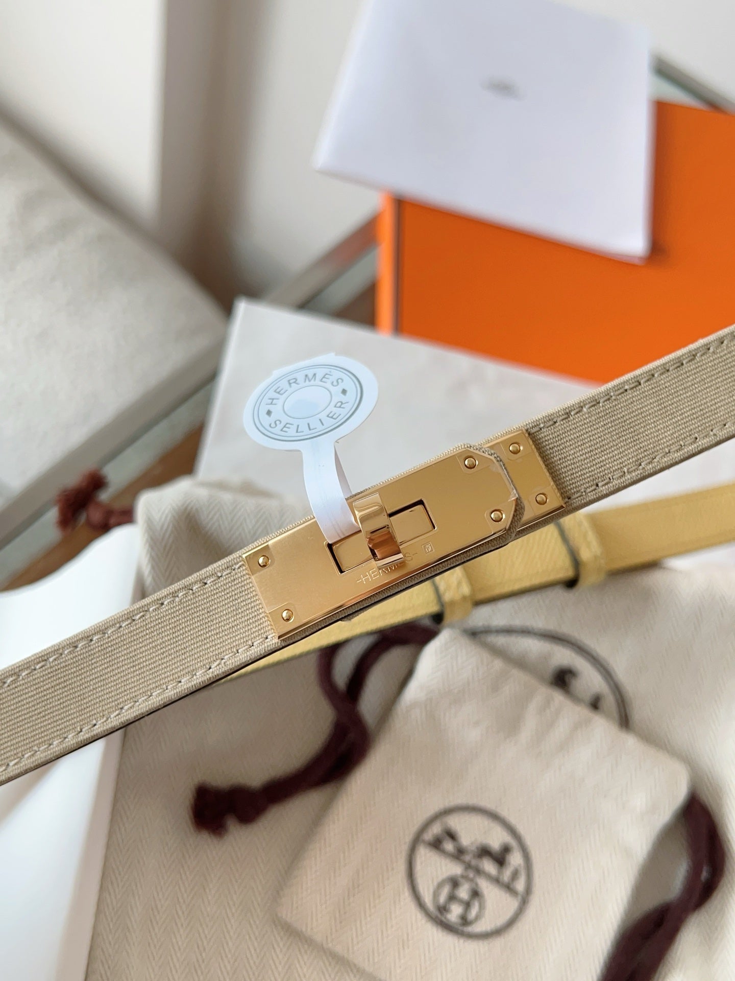 HM Kelly Belt 18mm Beige Canvas Epsom Leather Pink Gold Buckle