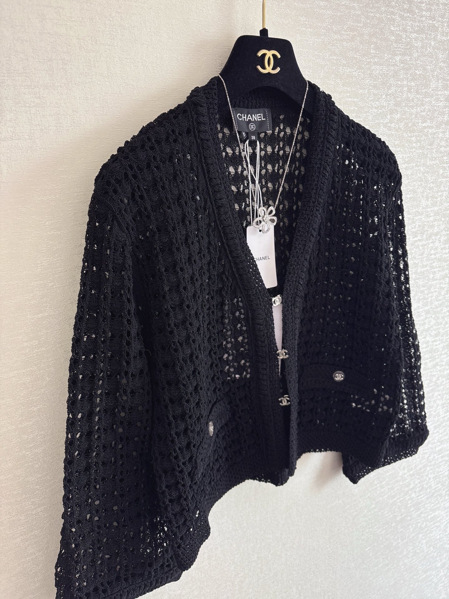Chanel 2025 Hollow Cardigan Black Cotton 329411
