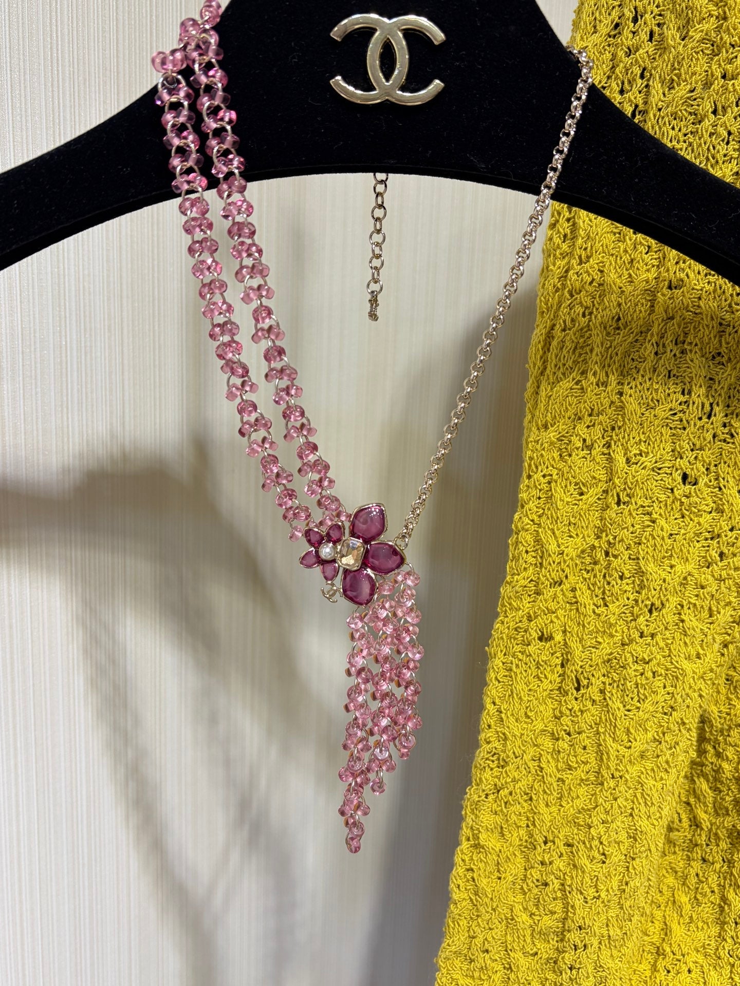 Chanel 2026 Double C Pink Beaded Asymmetrical Flower Necklace