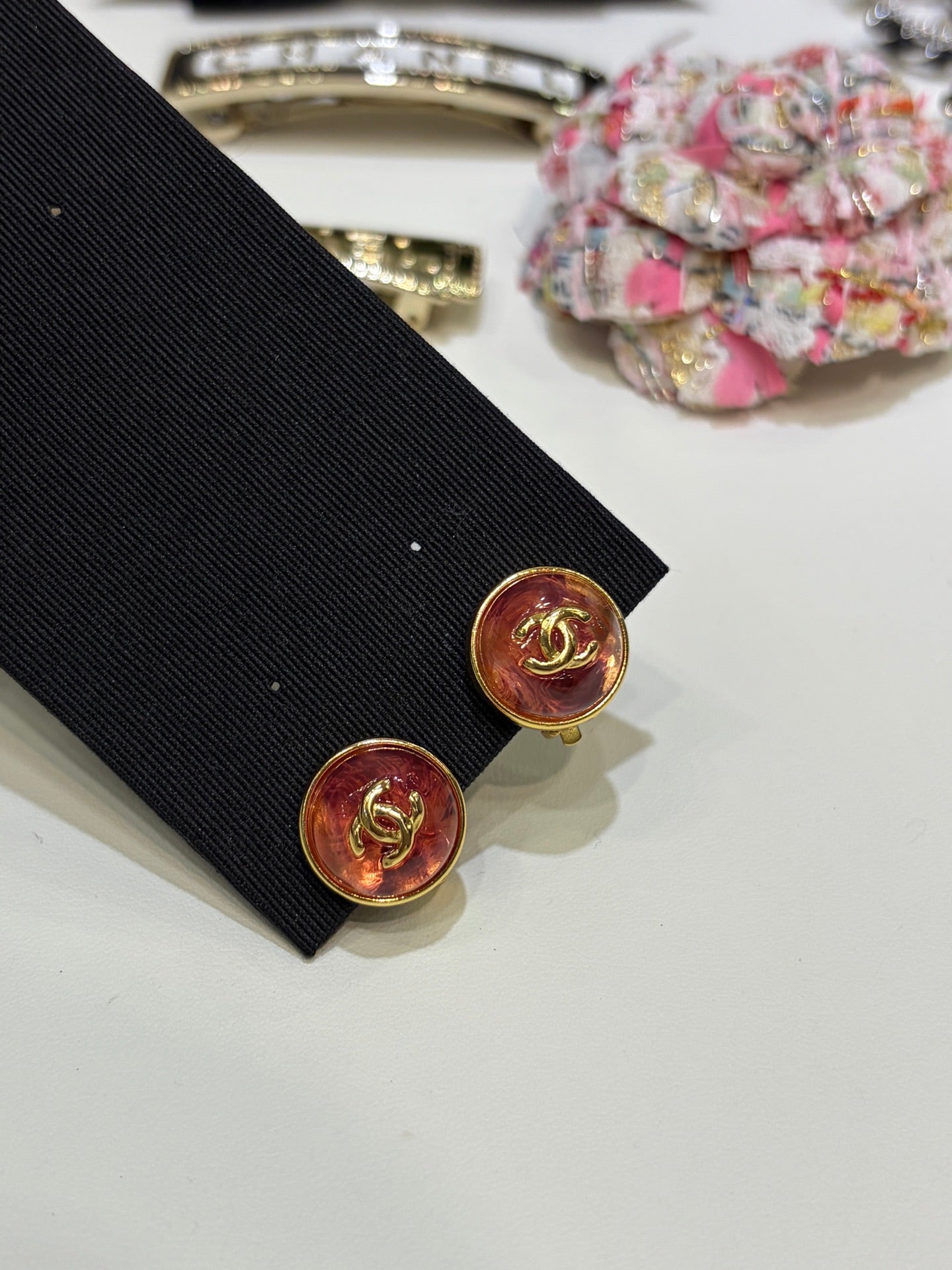 Chanel Gripoix Earrings With Gold CC Logo And Red Glass Stones