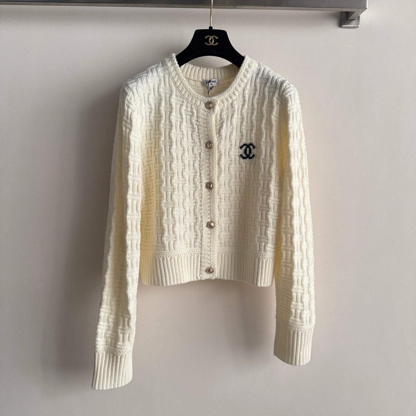 Chanel 2025 Knit Cardigan with Double C Logo Cream Wool