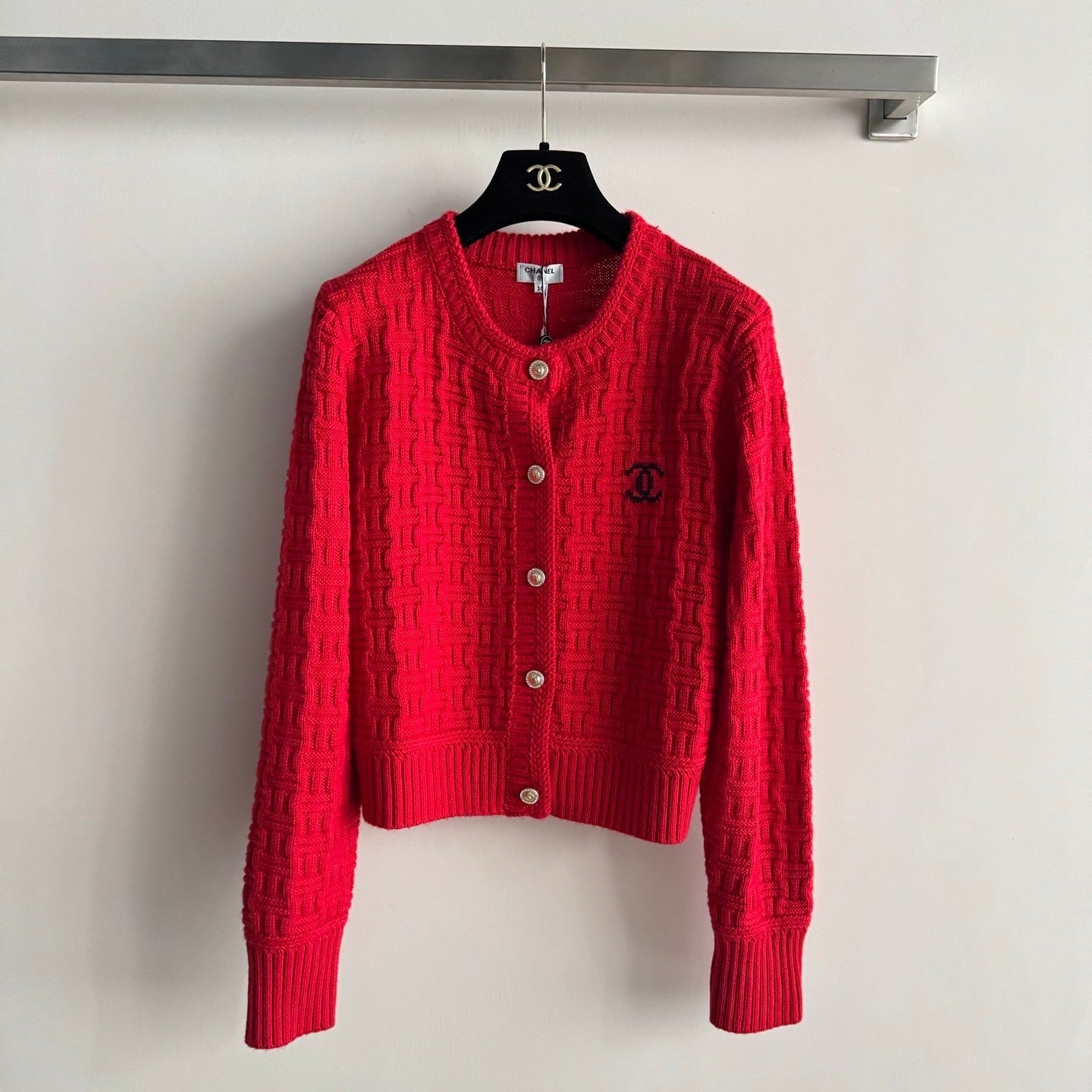 Chanel 2025 Knit Cardigan with Double C Logo Red Wool