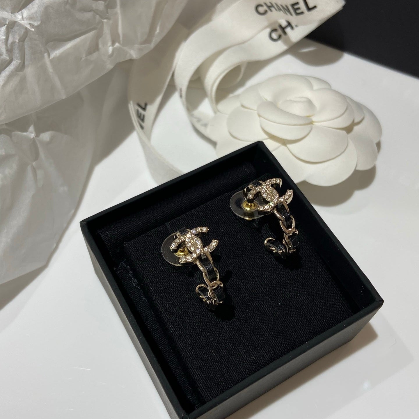 CC Half Circle Gold Black Leather Earrings