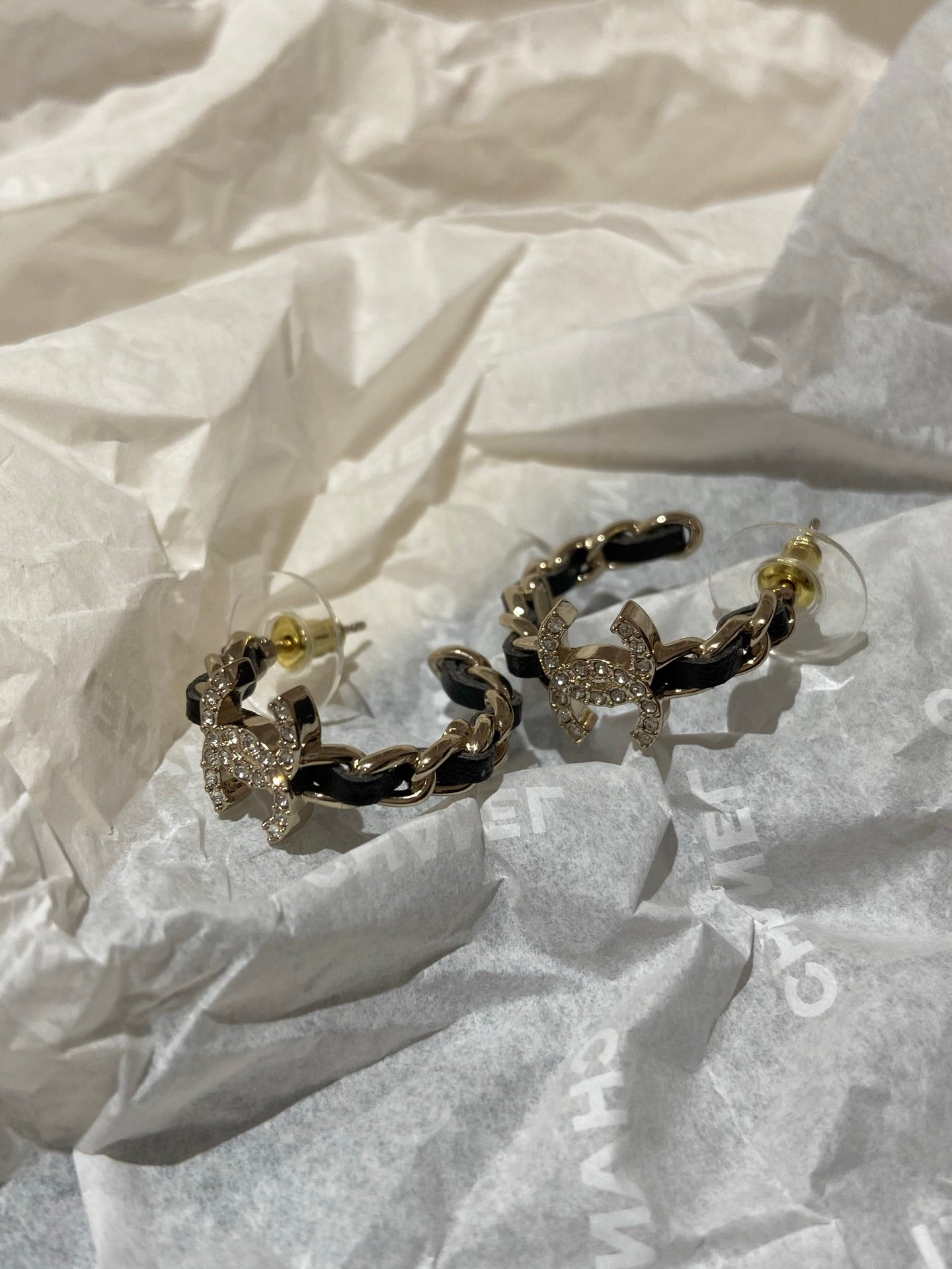 CC Half Circle Gold Black Leather Earrings