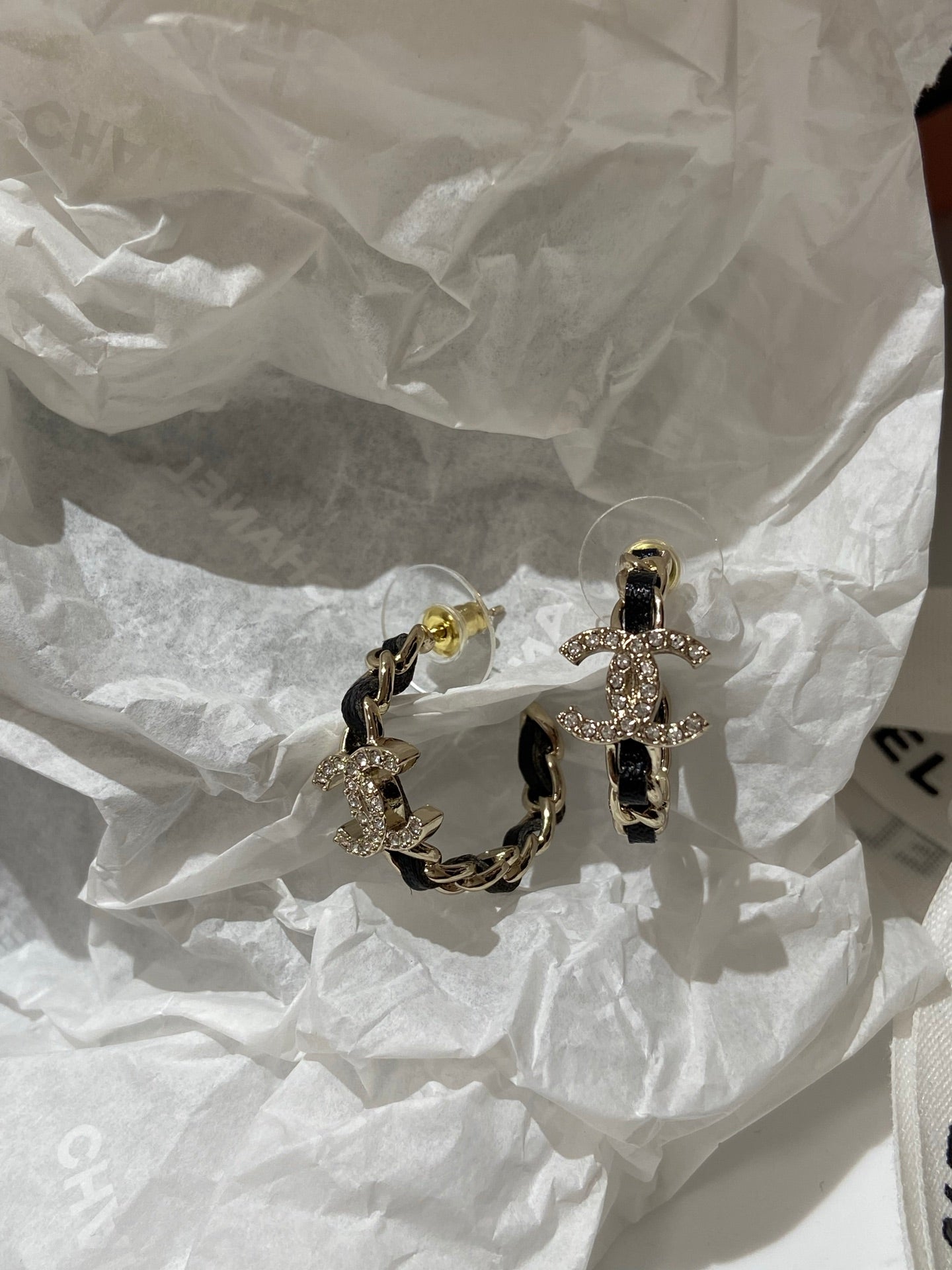 CC Half Circle Gold Black Leather Earrings