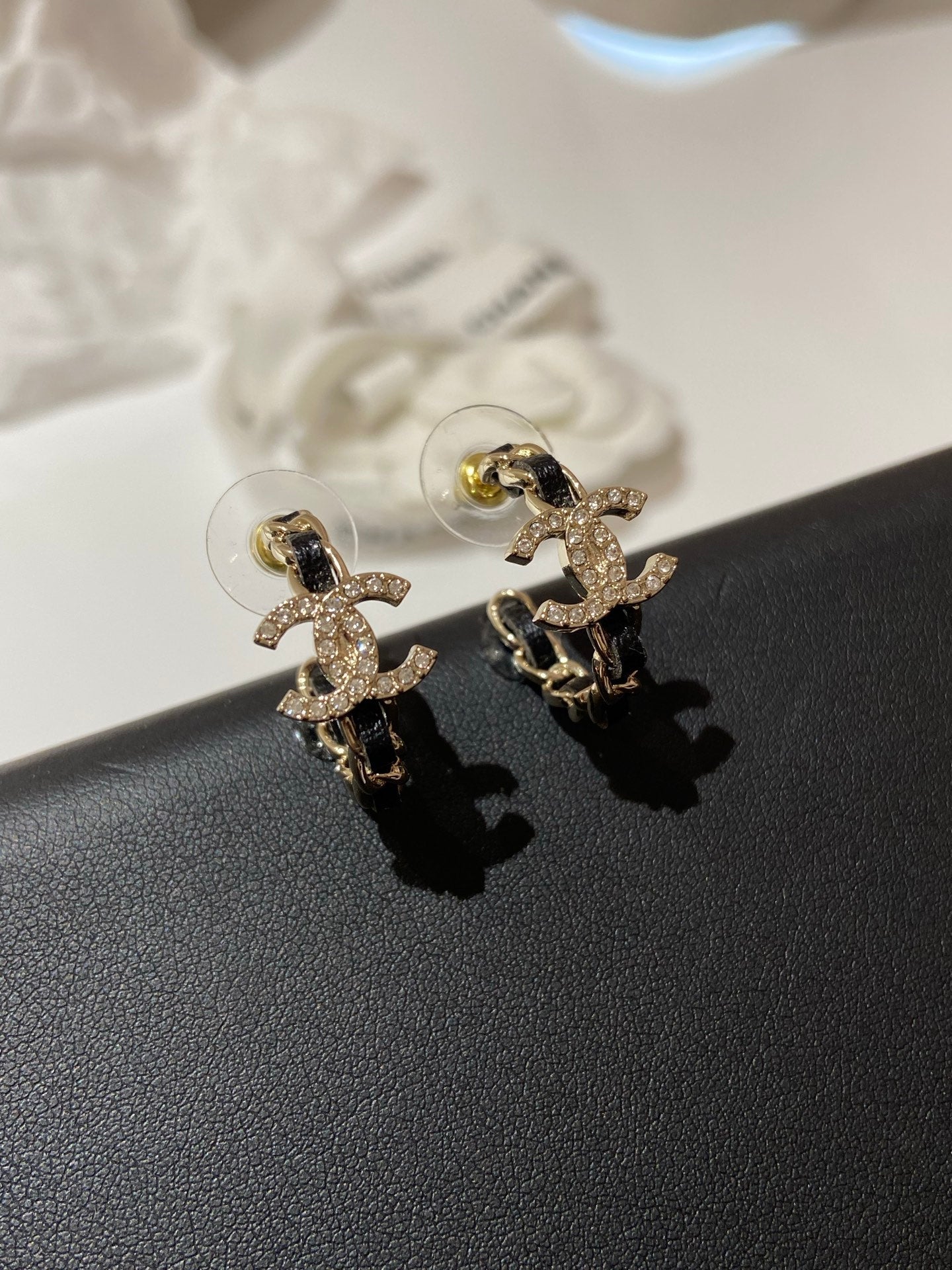 CC Half Circle Gold Black Leather Earrings
