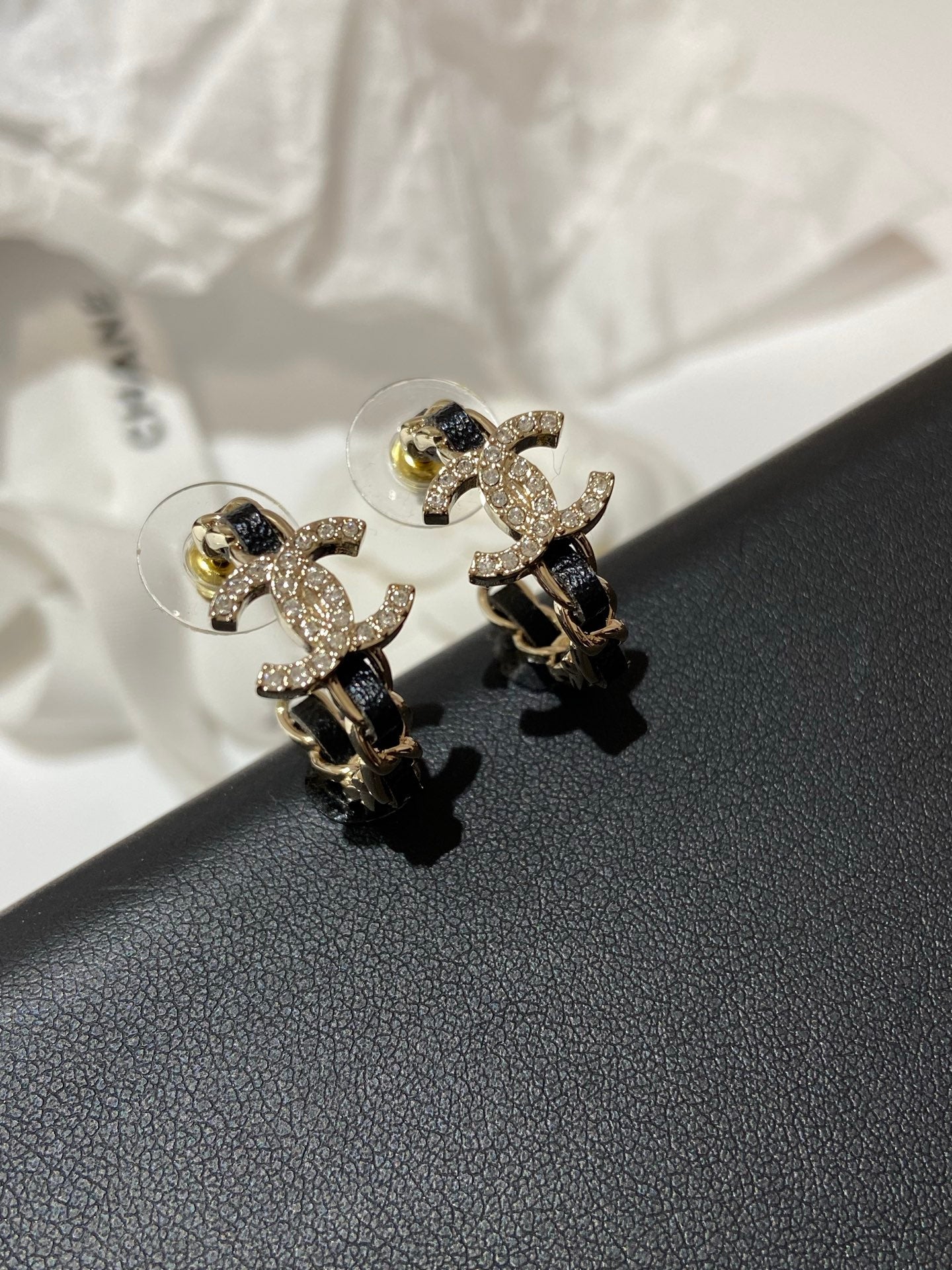 CC Half Circle Gold Black Leather Earrings