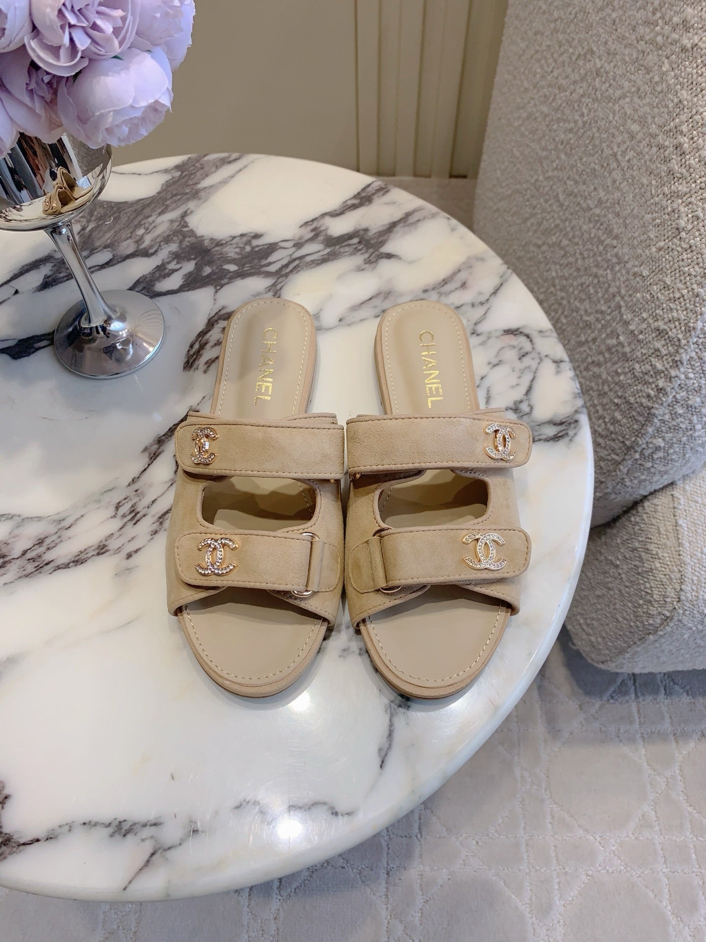 Chanel 2026 Rhinestone Buckle Flat Sandal Suede Lambskin 850851