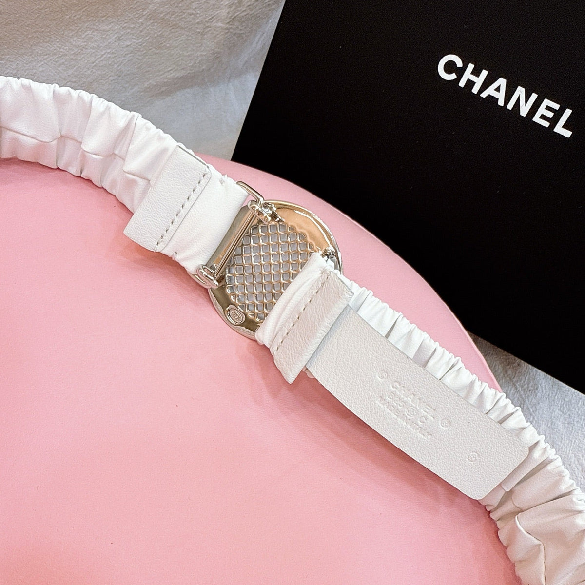 CC Elastic Waist Belt 3.0CM White Calfskin Gold Buckle 196841