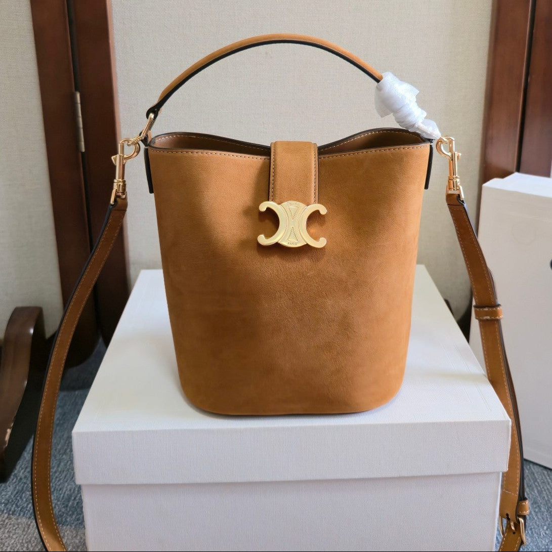 Celine 2025 Bucket Louise Bag 19cm Pecan Suede Calfskin 276314