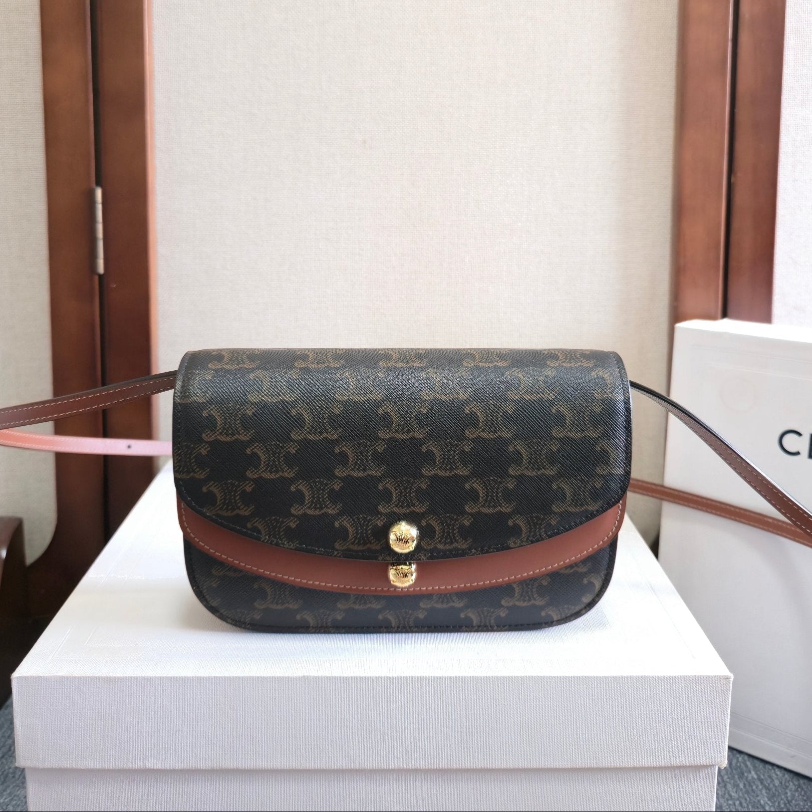Celine 2025 Duo Wallet On Strap Bag 20cm Black Tan Canvas Calfskin 276321