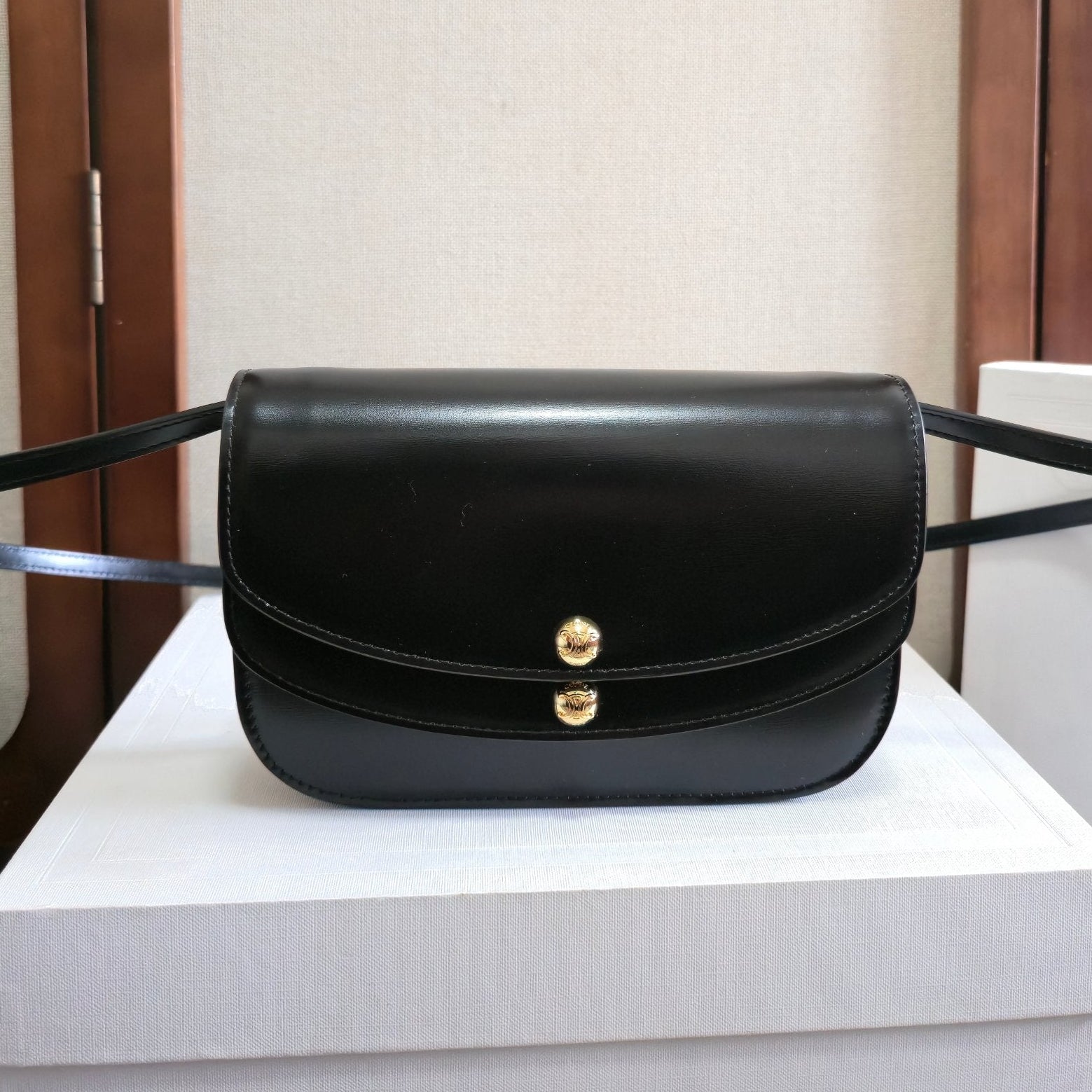 Celine 2025 Duo Wallet On Strap Bag 20cm Black Shinny Calfskin 276323