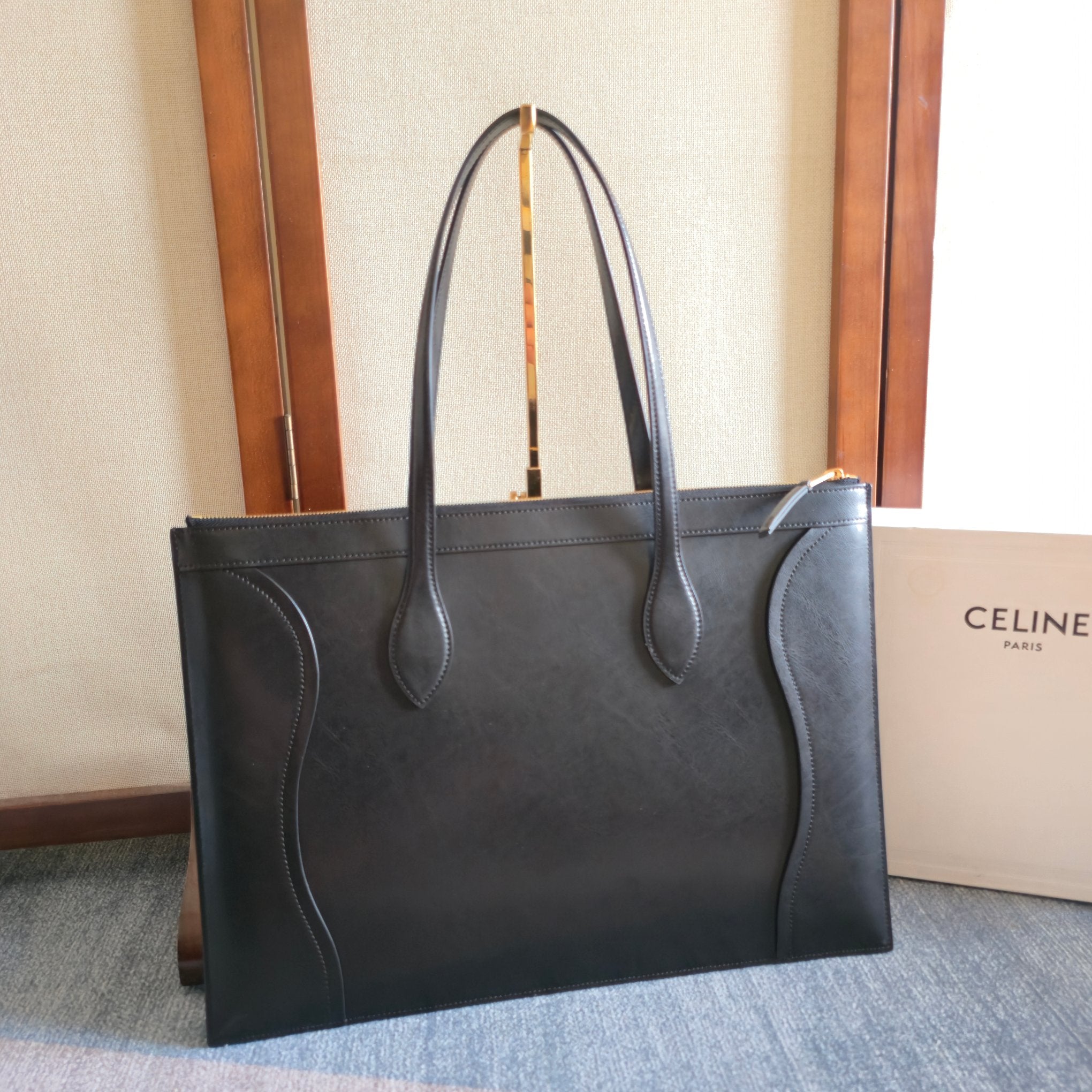Celine 2026 Flat Cabas New Luggage Bag Black Calfskin 276207