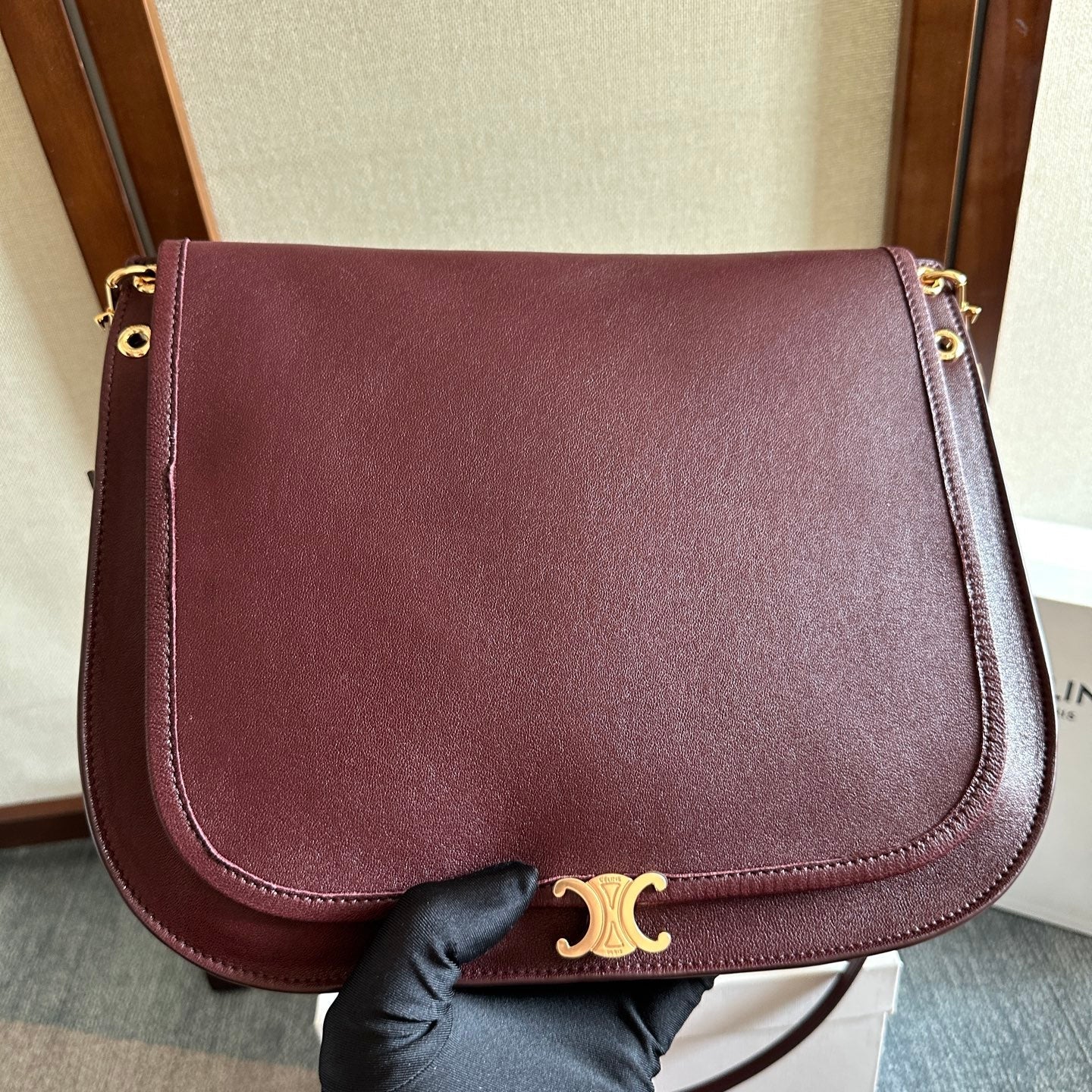 Celine 2026 Besace Triomphe Bag 32cm Burgundy Shiny Lambskin 276303
