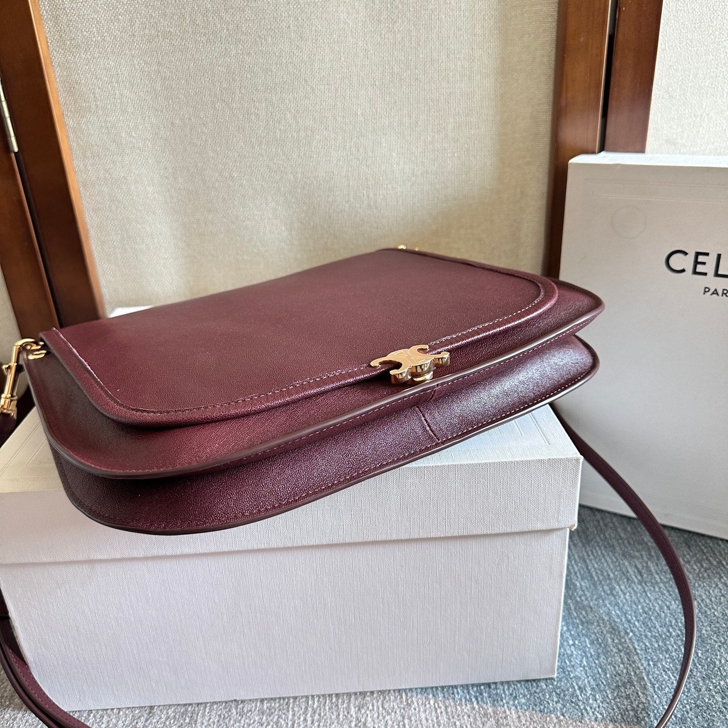 Celine 2026 Besace Triomphe Bag 32cm Burgundy Shiny Lambskin 276303