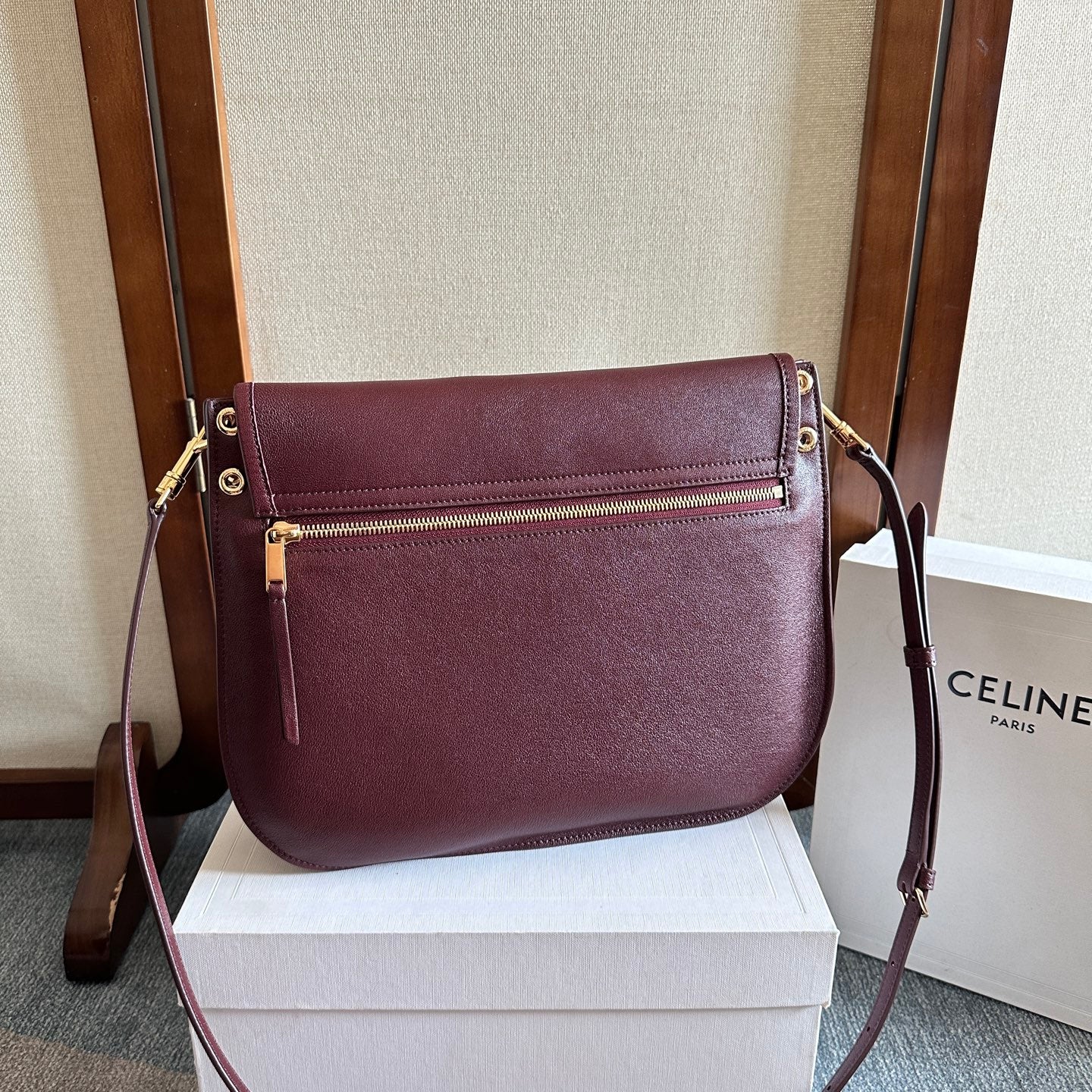 Celine 2026 Besace Triomphe Bag 32cm Burgundy Shiny Lambskin 276303