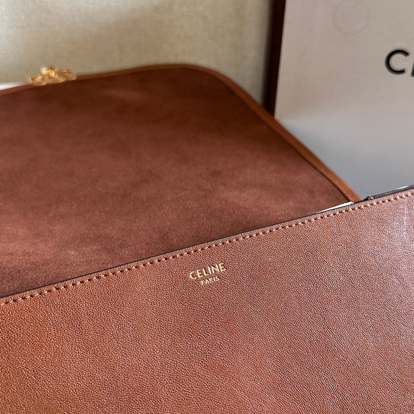 Celine 2026 Besace Triomphe Bag 32cm Tan Shiny Lambskin 276305