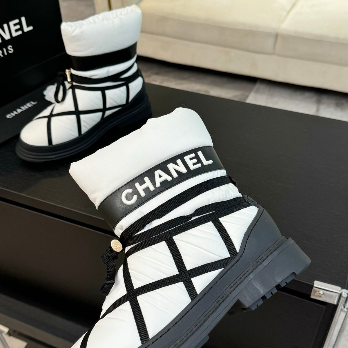 CC Ankle Boots White Mix Black Wind Cloth Quilted