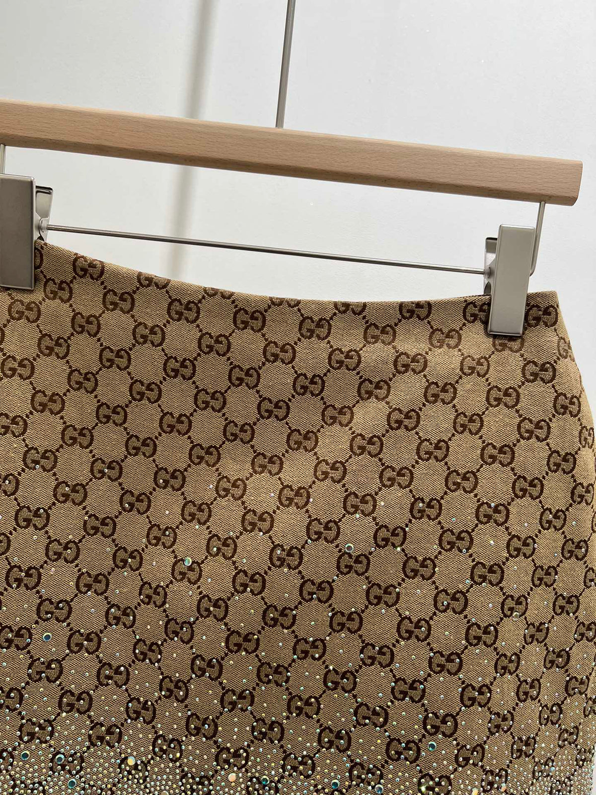 GG Beige Monogram Crystal Embellished Mini Skirt