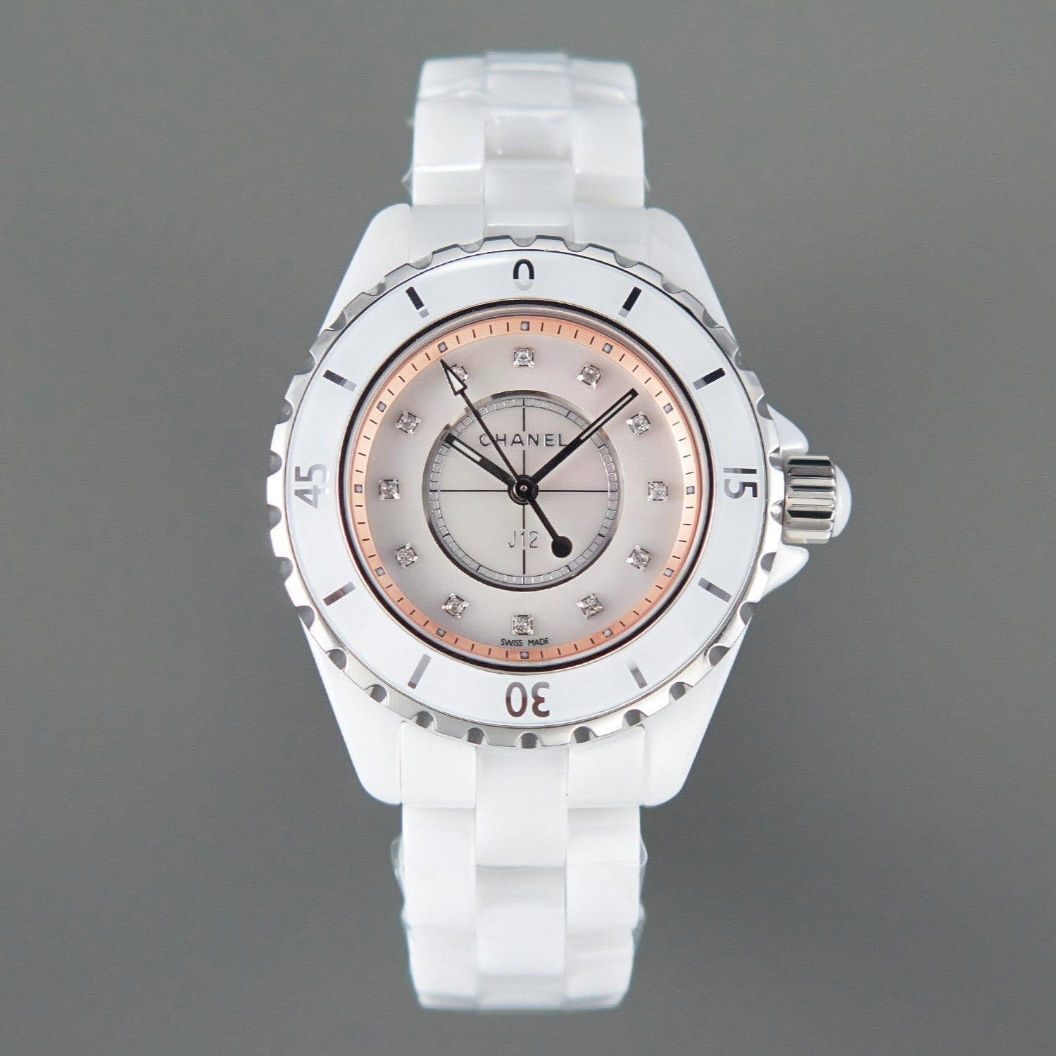 J12 33mm Quartz White Ceramic Diamond Numerals Pink Mop Dial
