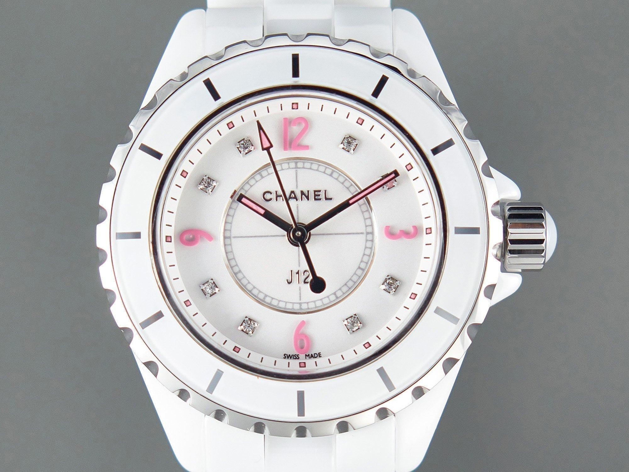 J12 Quartz White Ceramic Pink Diamond Numerals White Dial