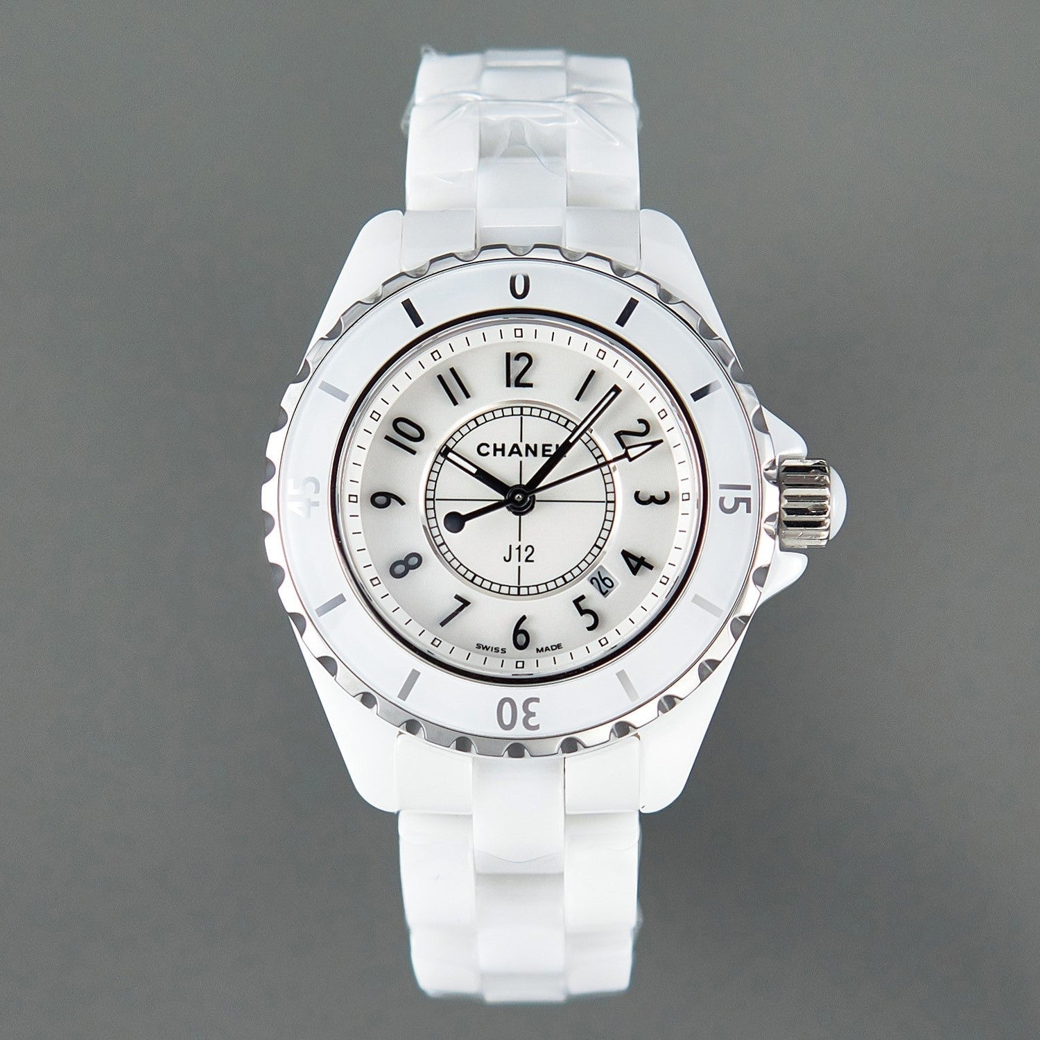 J12 Date Quartz White Ceramic Black Numerals White Dial