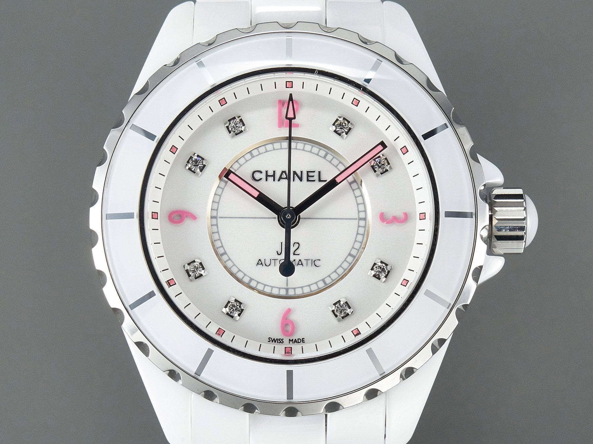 J12 Automatic White Ceramic Pink Diamond Numerals White Dial