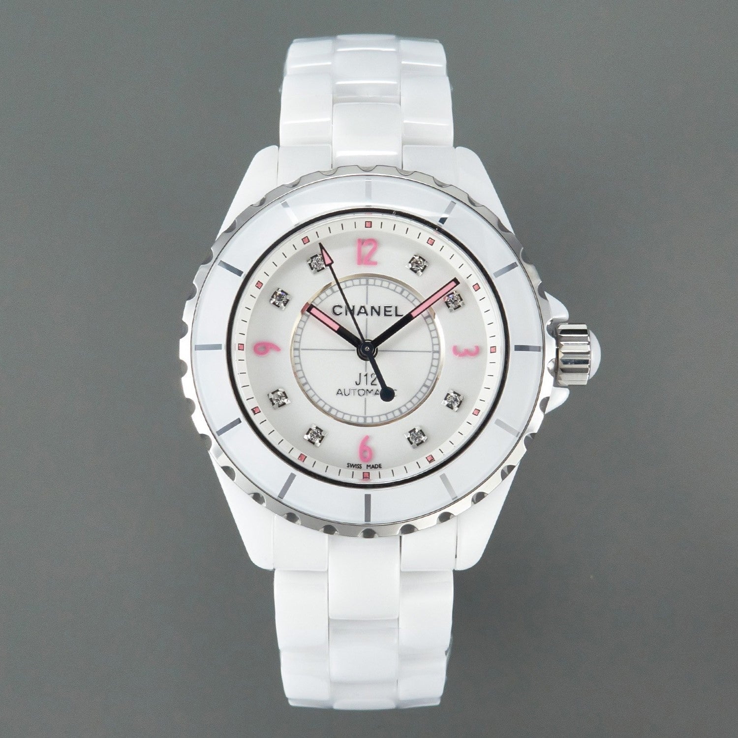 J12 Automatic White Ceramic Pink Diamond Numerals White Dial