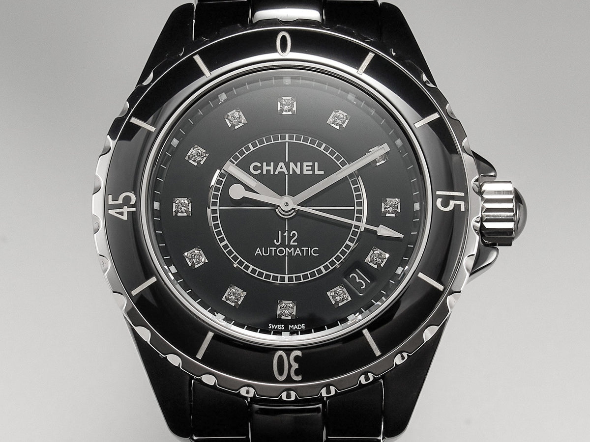 J12 Date Automatic Black Ceramic Diamond Numerals Black Dial White Steel Hands