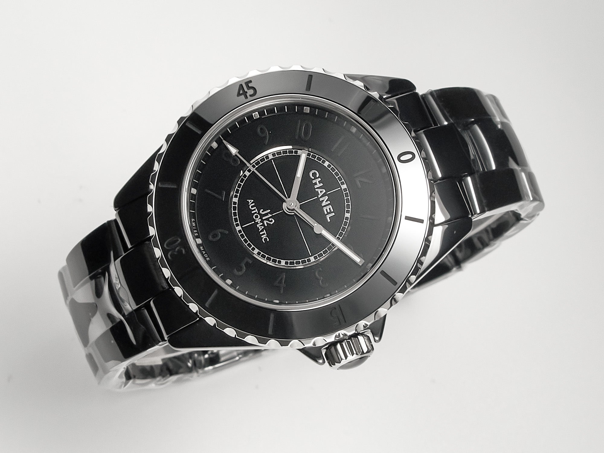 J12 Automatic Black Ceramic Black Numerals Black Dial White Steel Hands