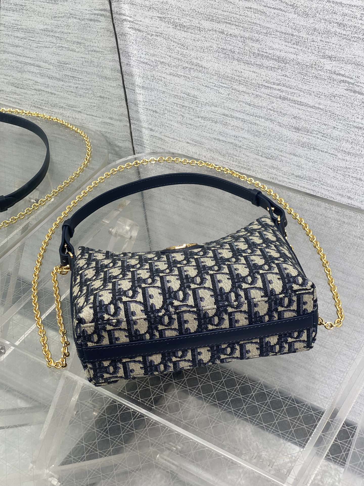 Dior 2025 Bag 19cm Navy Blue mix Beige Oblique Fabric mix Leather 272830