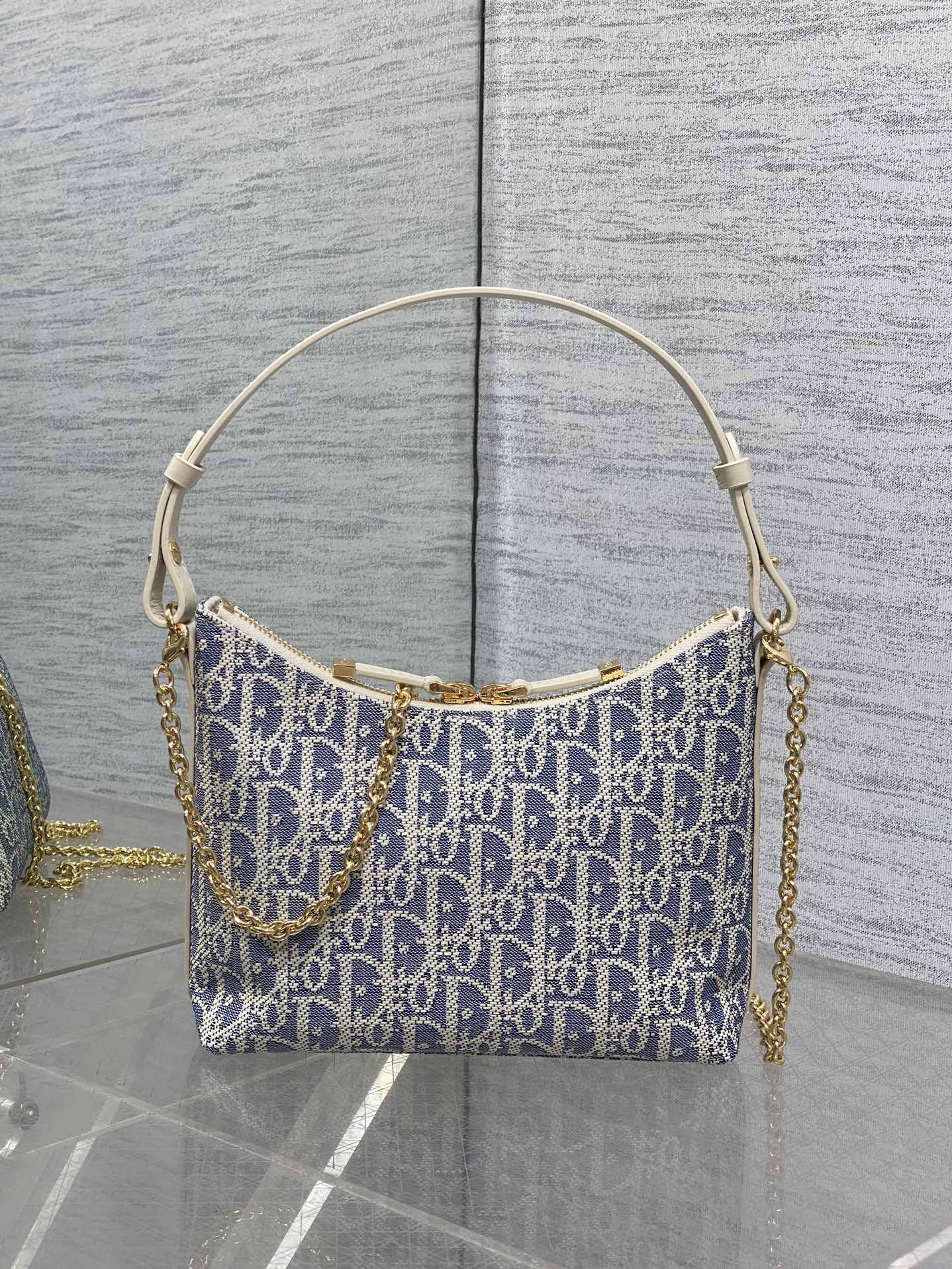 Dior 2025 Bag 19cm Blue mix White Oblique Fabric mix Leather 272832