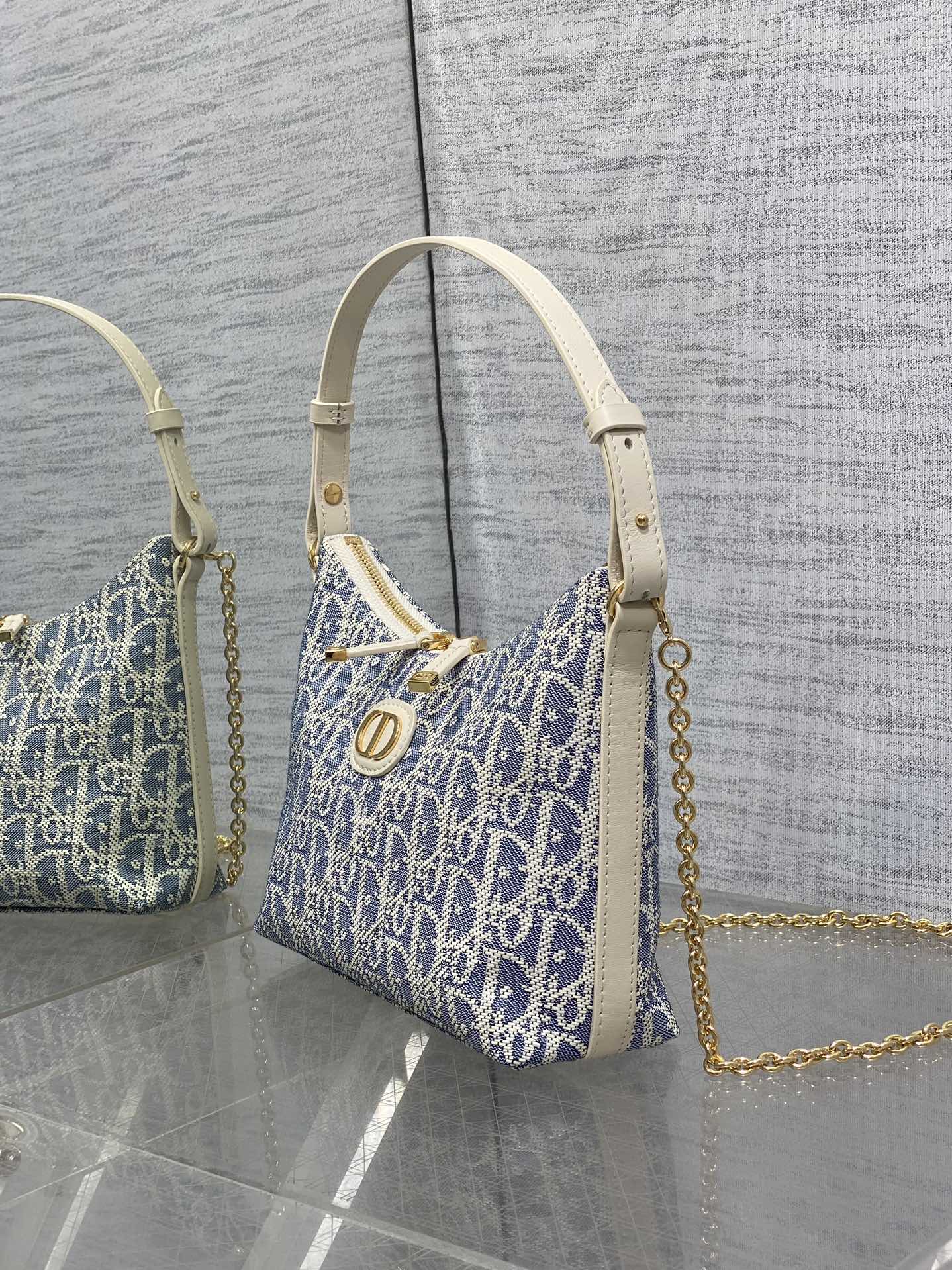 Dior 2025 Bag 19cm Blue mix White Oblique Fabric mix Leather 272832