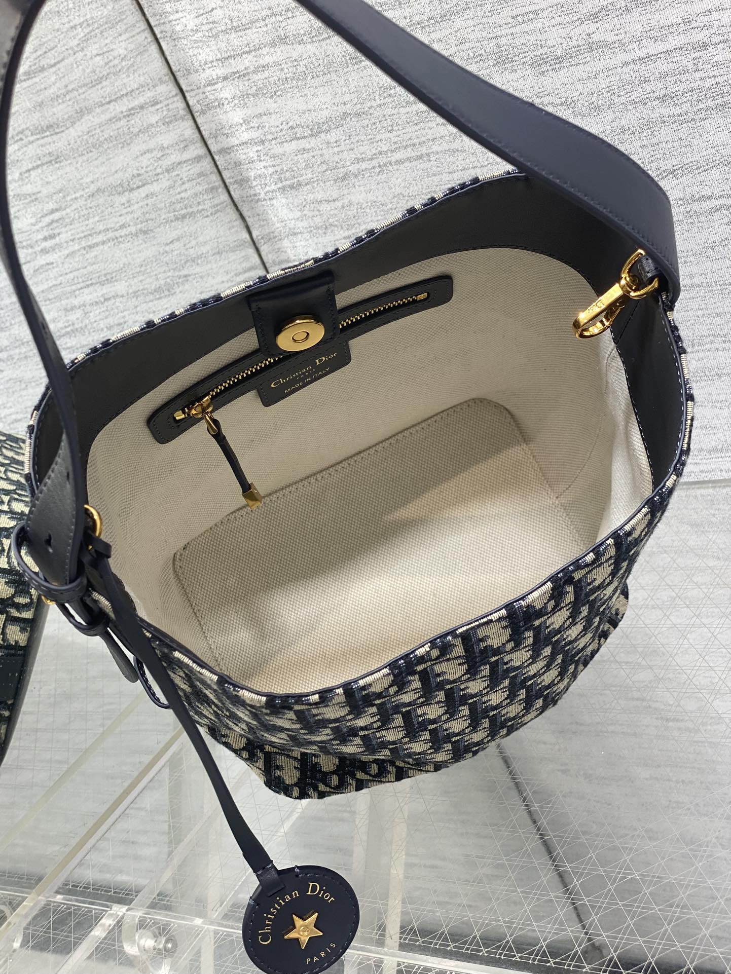 Dior 2025 Star Bucket Bag  Navy Blue mix Beige Canvas Leather 270450
