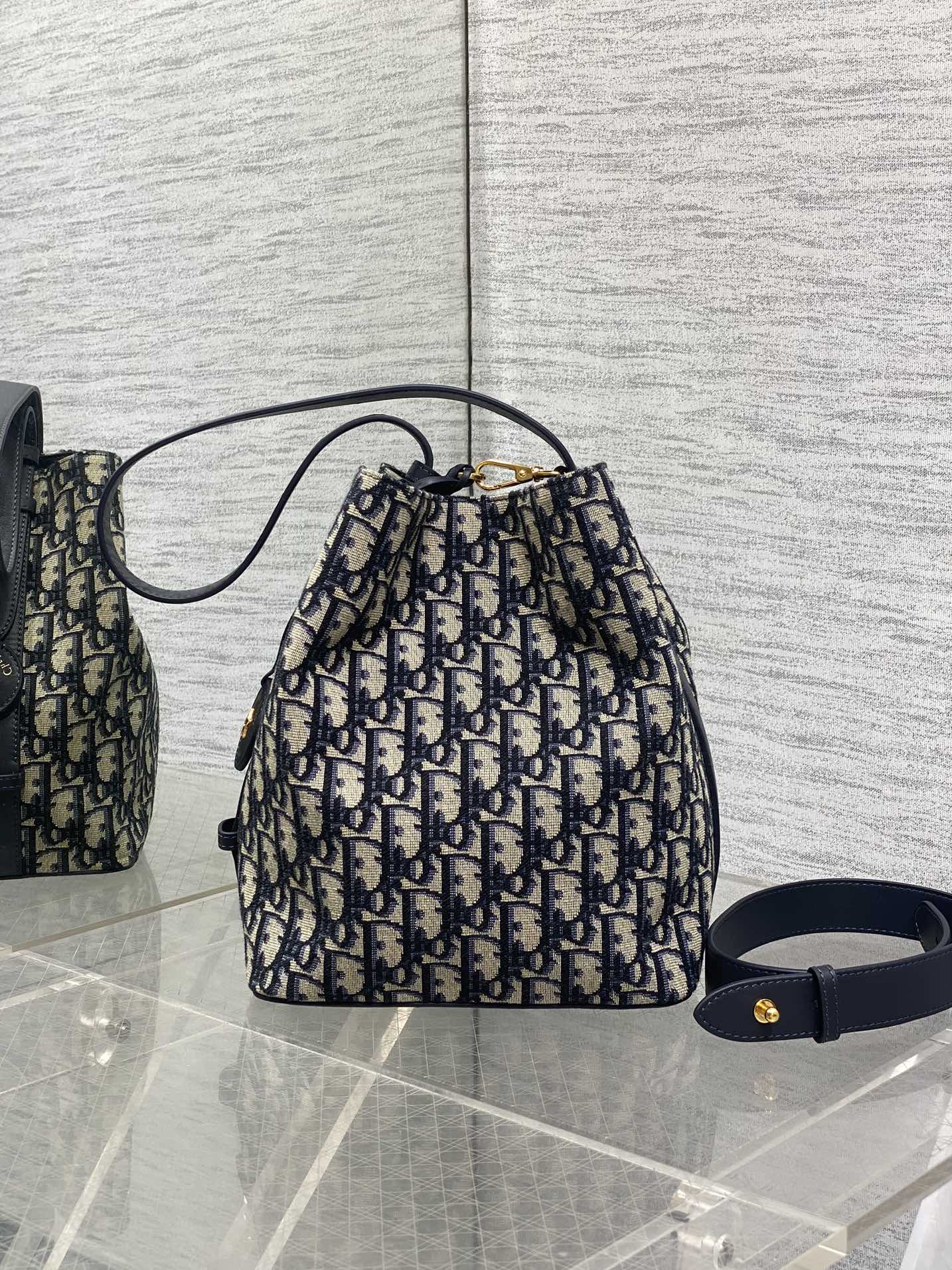 Dior 2025 Star Bucket Bag  Navy Blue mix Beige Canvas Leather 270450