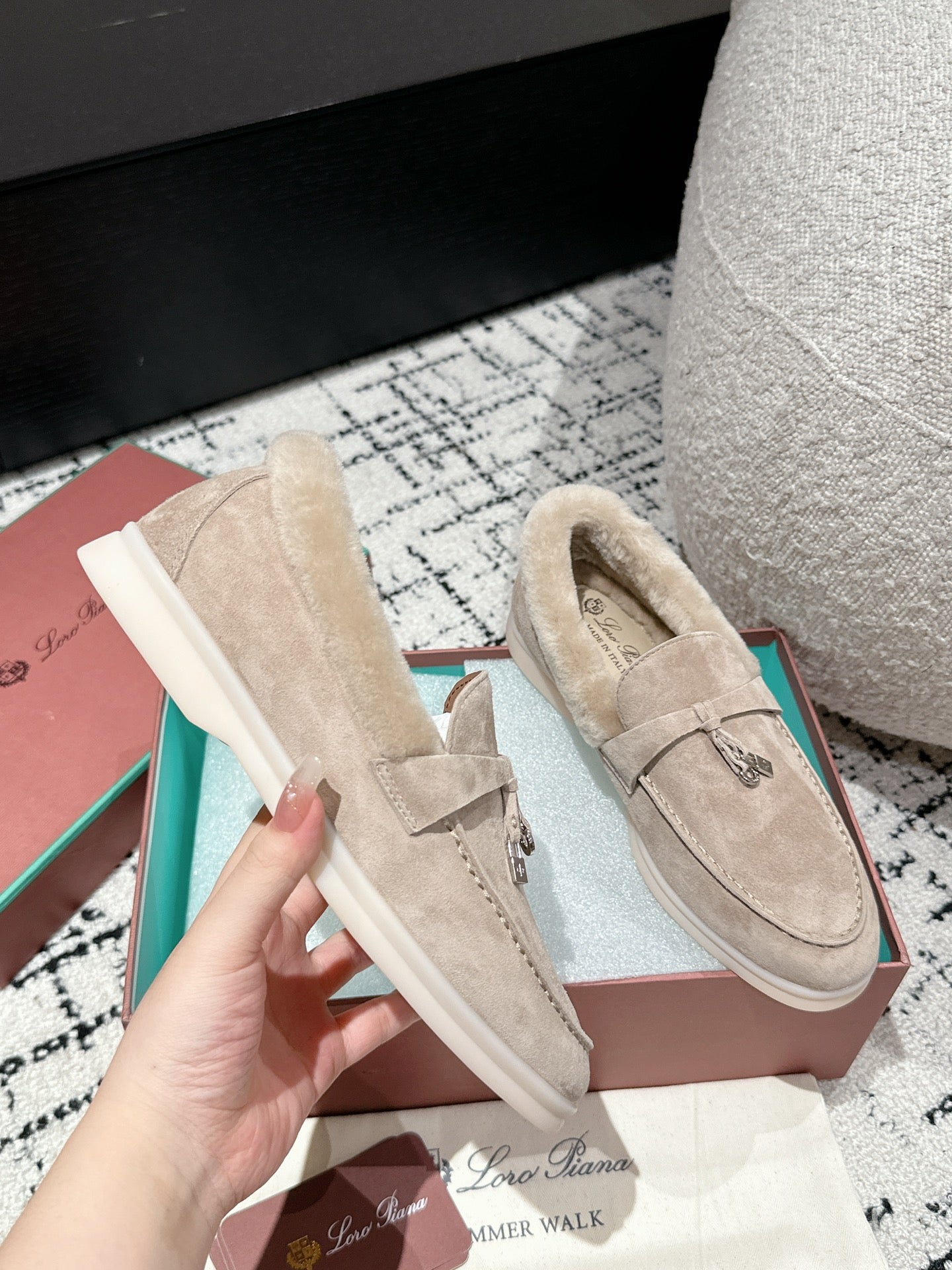 LP Summer Charms Walk Loafers In Light Brown Beige Suede With Rabbit Fur Lining  985651