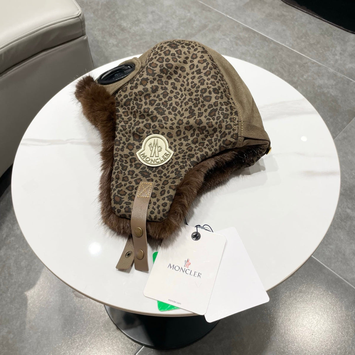 Moncler Suede Fur Leopard-Print Bomber Hat 497705