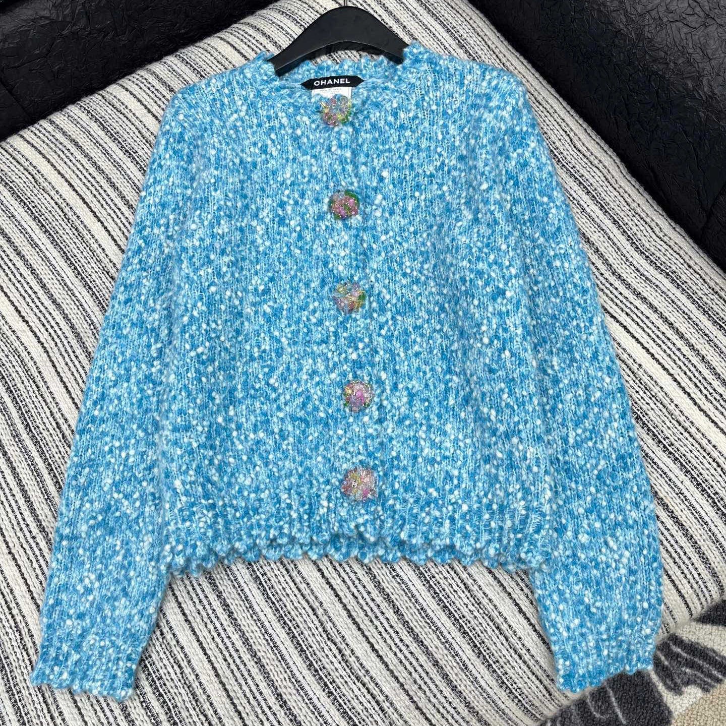 CC 2025  Jacket with Large Rhinestone Button Blue Wool 325884