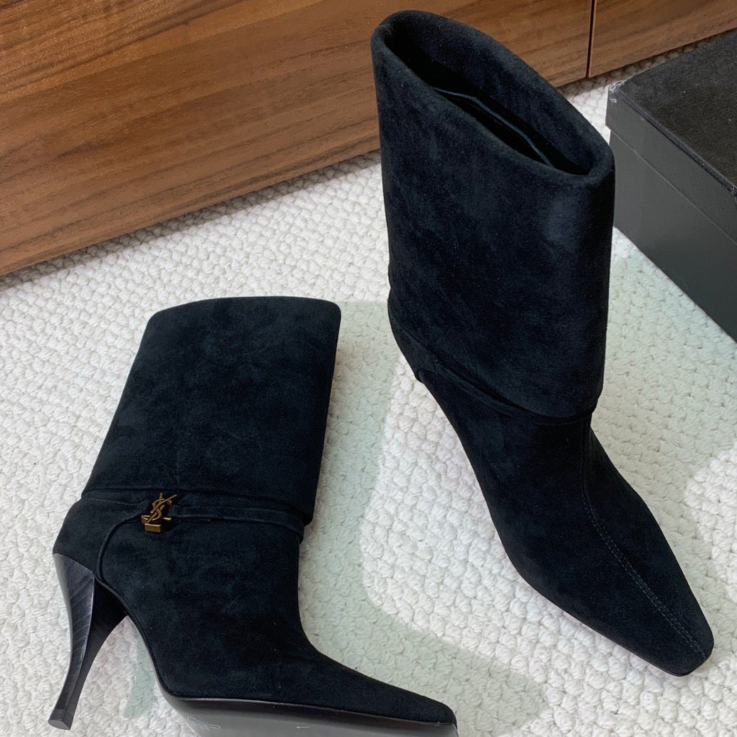 YSL 2025 High-heeled Ankle Boot Black Suede 574076