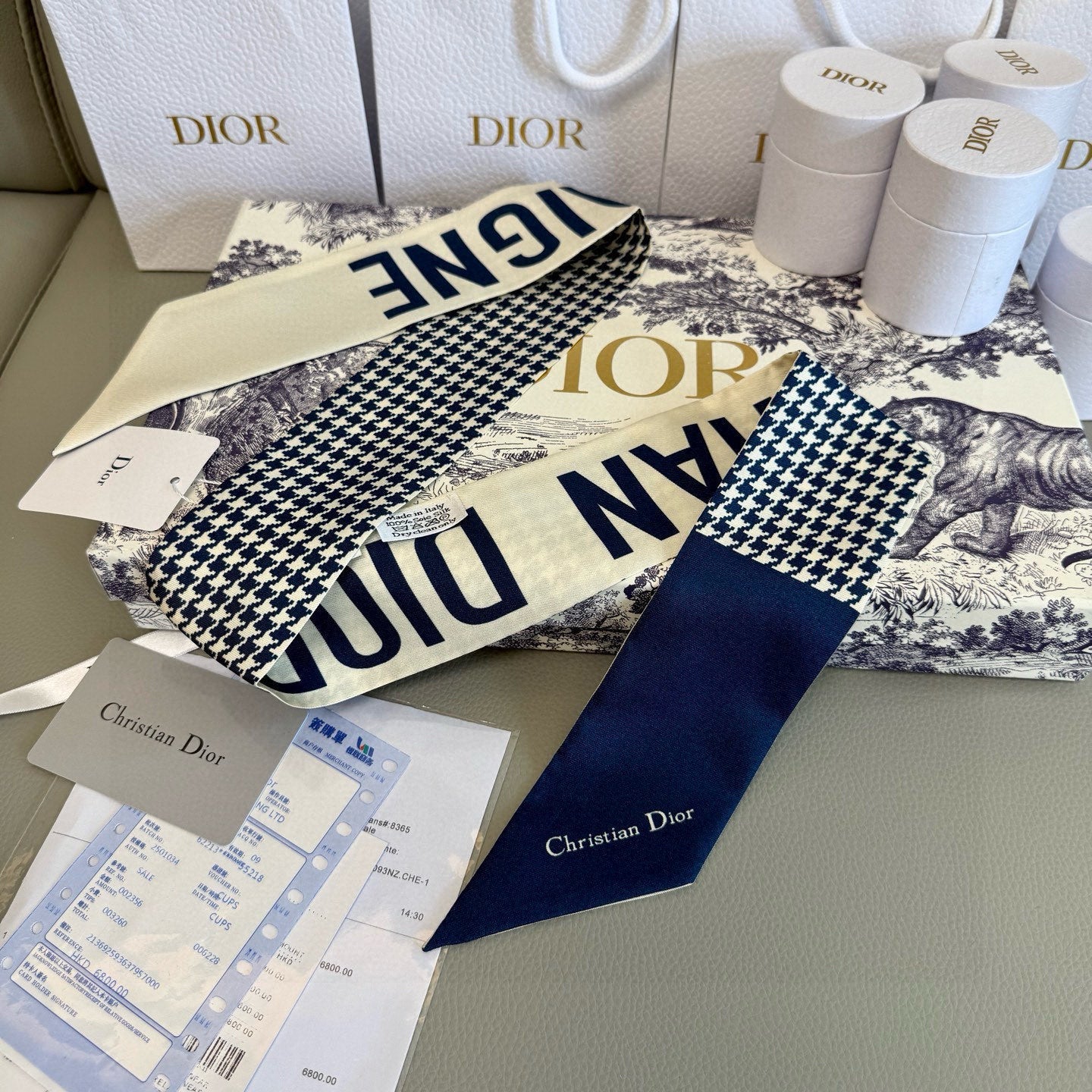 CD Twilly Mini Scarf 105cm Beige Navy Blue Mulberry Silk 909397