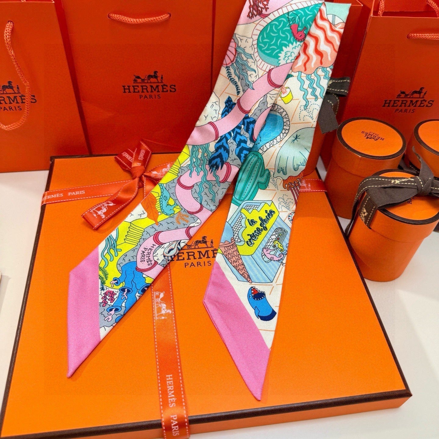 HM Twilly Mini Scarf 86CM Pink Colorful Mulberry Silk 957044