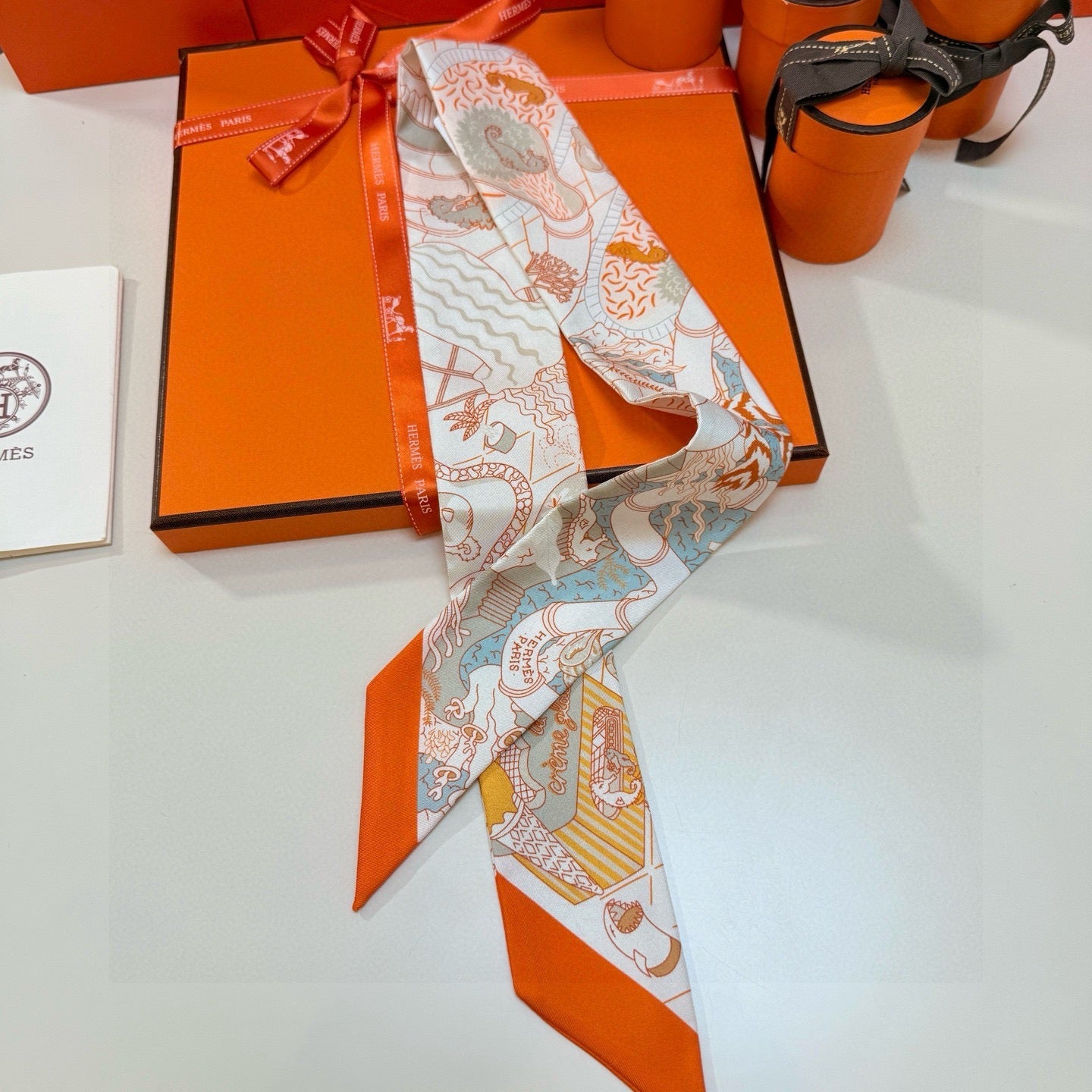 HM Twilly Mini Scarf 86CM Beige Orange Colorful Mulberry Silk 957047