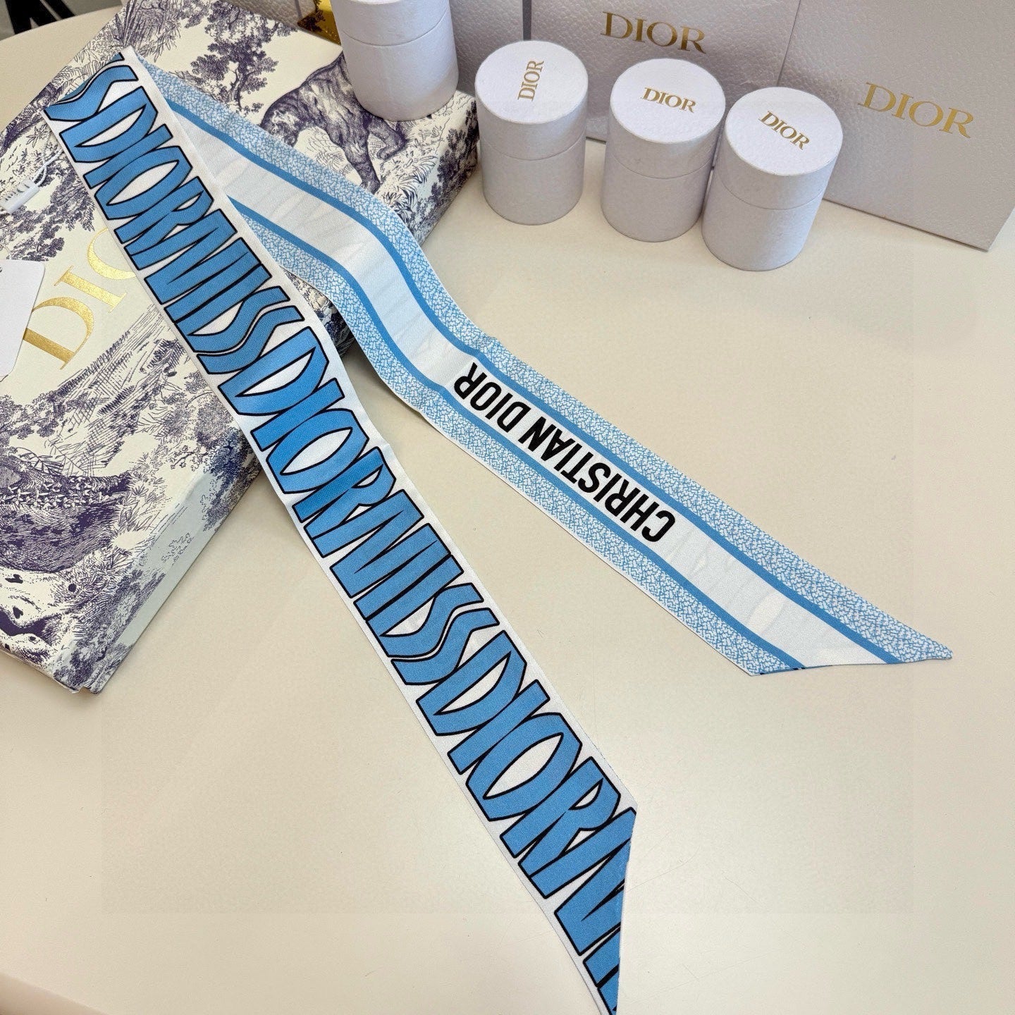 CD Twilly Mini Scarf 105cm Blue Mulberry Silk 957052